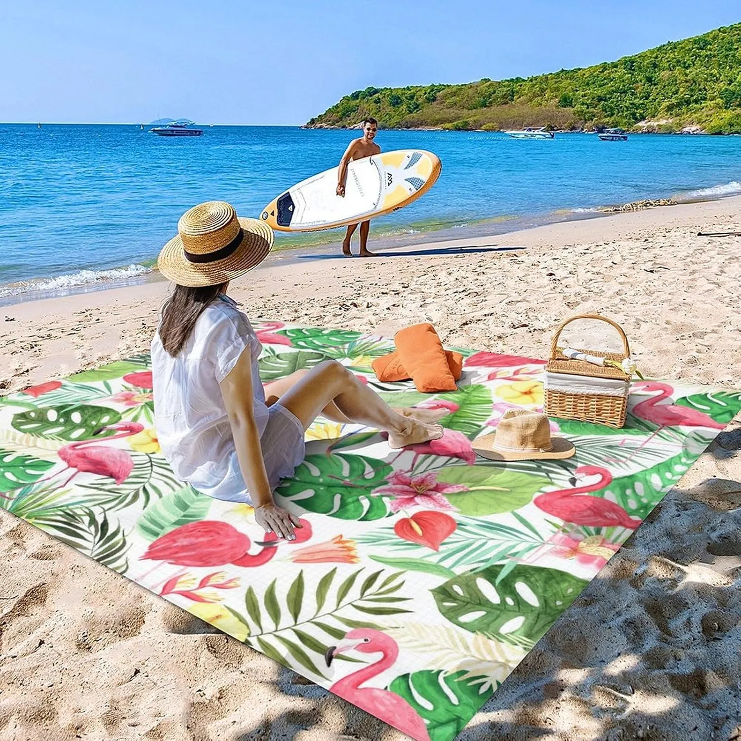 Beach Blanket Waterproof Sandproof - 86x78 Inches Large Flamingo Beach Mat for 4-6 Adults - Lightweight Picnic Blanket - 4 Corner Pockets Camping Blanket for Outdoor Travel Hiking