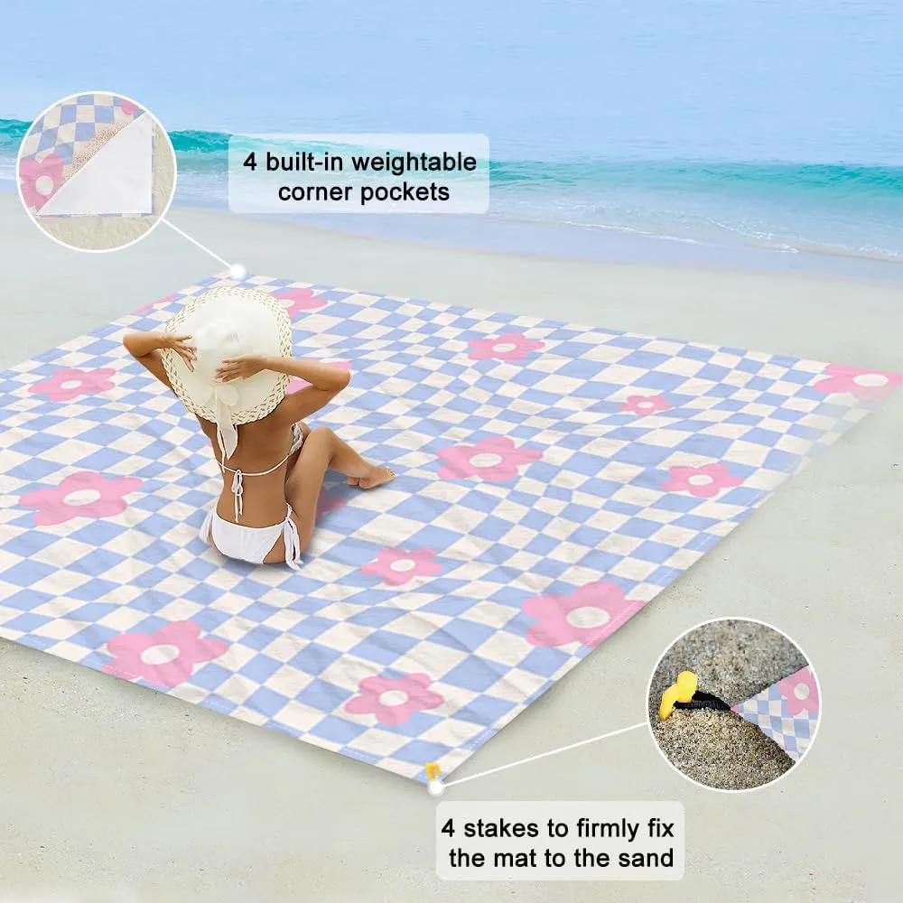 Beach Blanket Waterproof Sandproof Extra Large 8 Ft X 7 Ft for 4 Adults Oversized Sand Free Beach Mat with 4 Corner Pockets and Stakes Portable for Beach Picnic Travel Camping (Pink Purple)