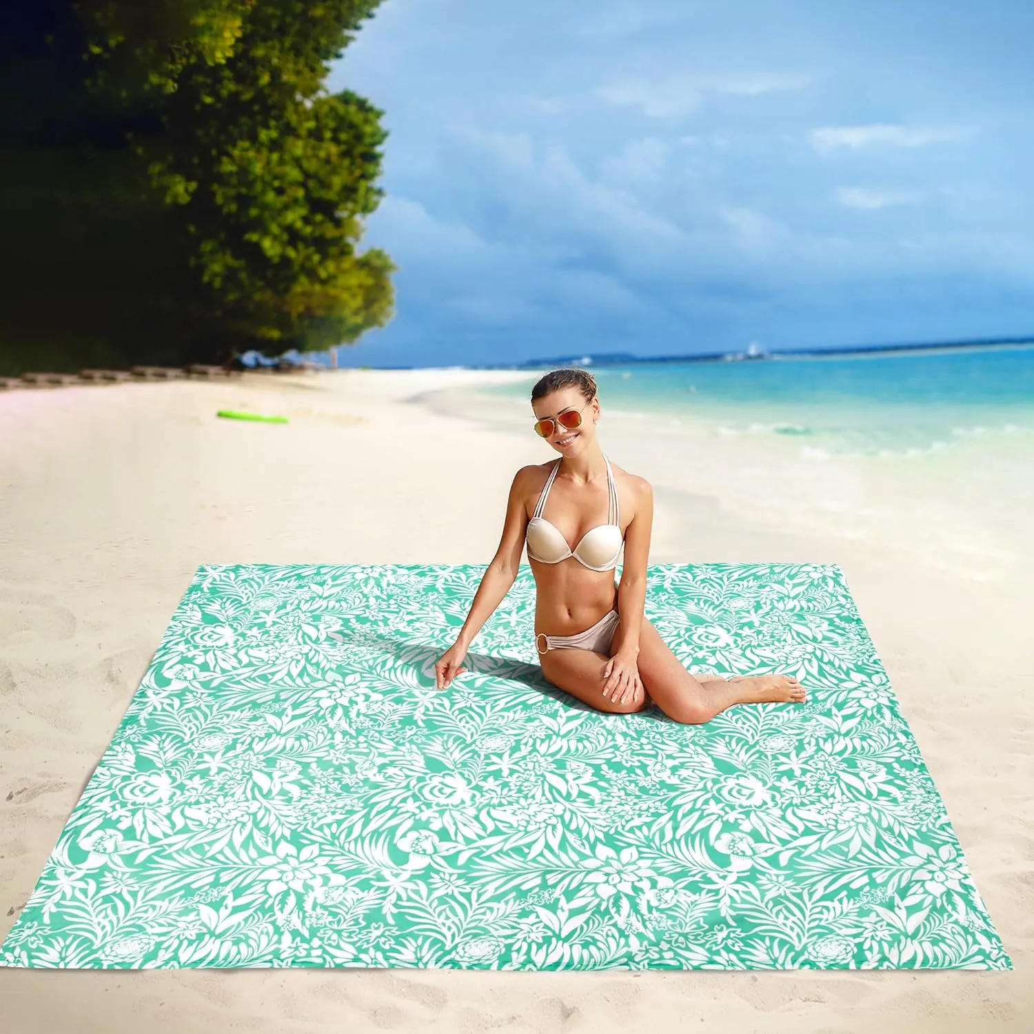Beach Blanket Waterproof Sandproof Oversized, 110''×118'' Extra Large Beach Mat Sand Free, Lightweight Compact Folable Pinic Blanket w/ 4 Stakes & Pockets for Camping, Travel