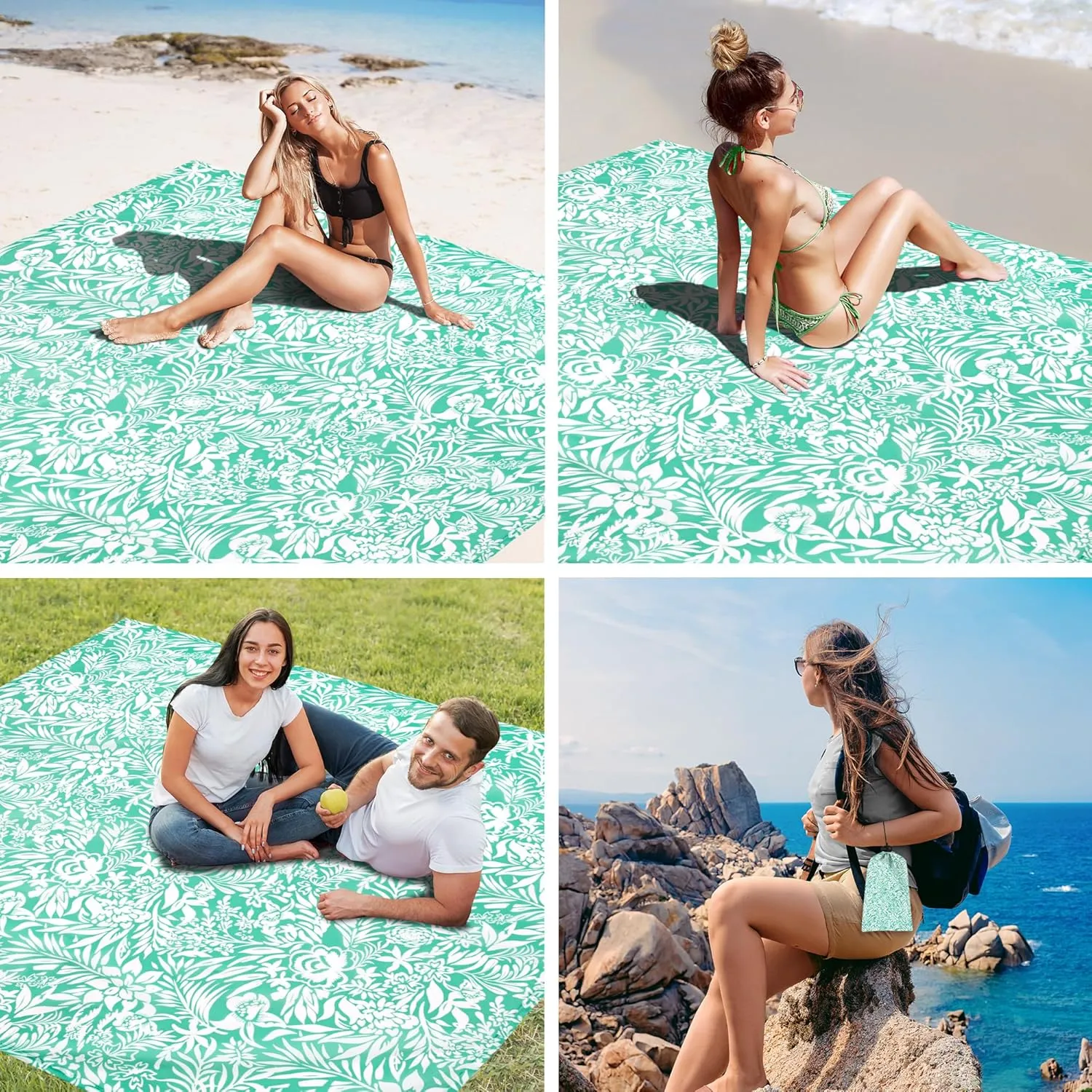 Beach Blanket Waterproof Sandproof Oversized, 110''×118'' Extra Large Beach Mat Sand Free, Lightweight Compact Folable Pinic Blanket w/ 4 Stakes & Pockets for Camping, Travel
