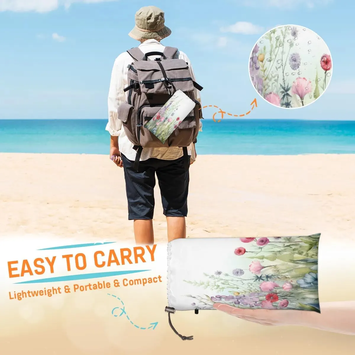 Beach Blanket, Wildflower Sandproof Beach Mat, Waterproof Quick Drying Sand Free Mat with 4 x Ground Spikes for Outdoor Travel Camping Hiking, Watercolor Floral 68 x 59 in