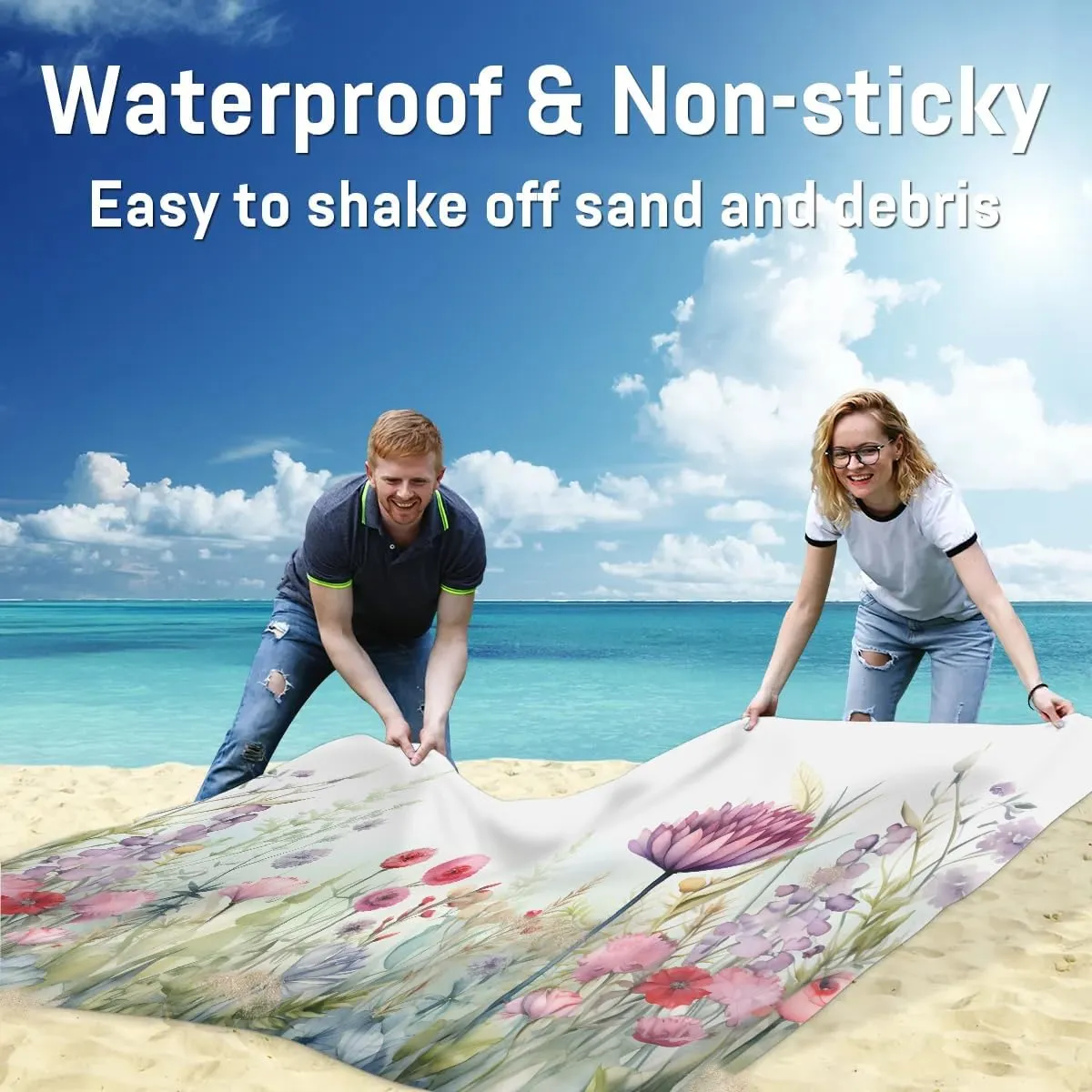 Beach Blanket, Wildflower Sandproof Beach Mat, Waterproof Quick Drying Sand Free Mat with 4 x Ground Spikes for Outdoor Travel Camping Hiking, Watercolor Floral 68 x 59 in