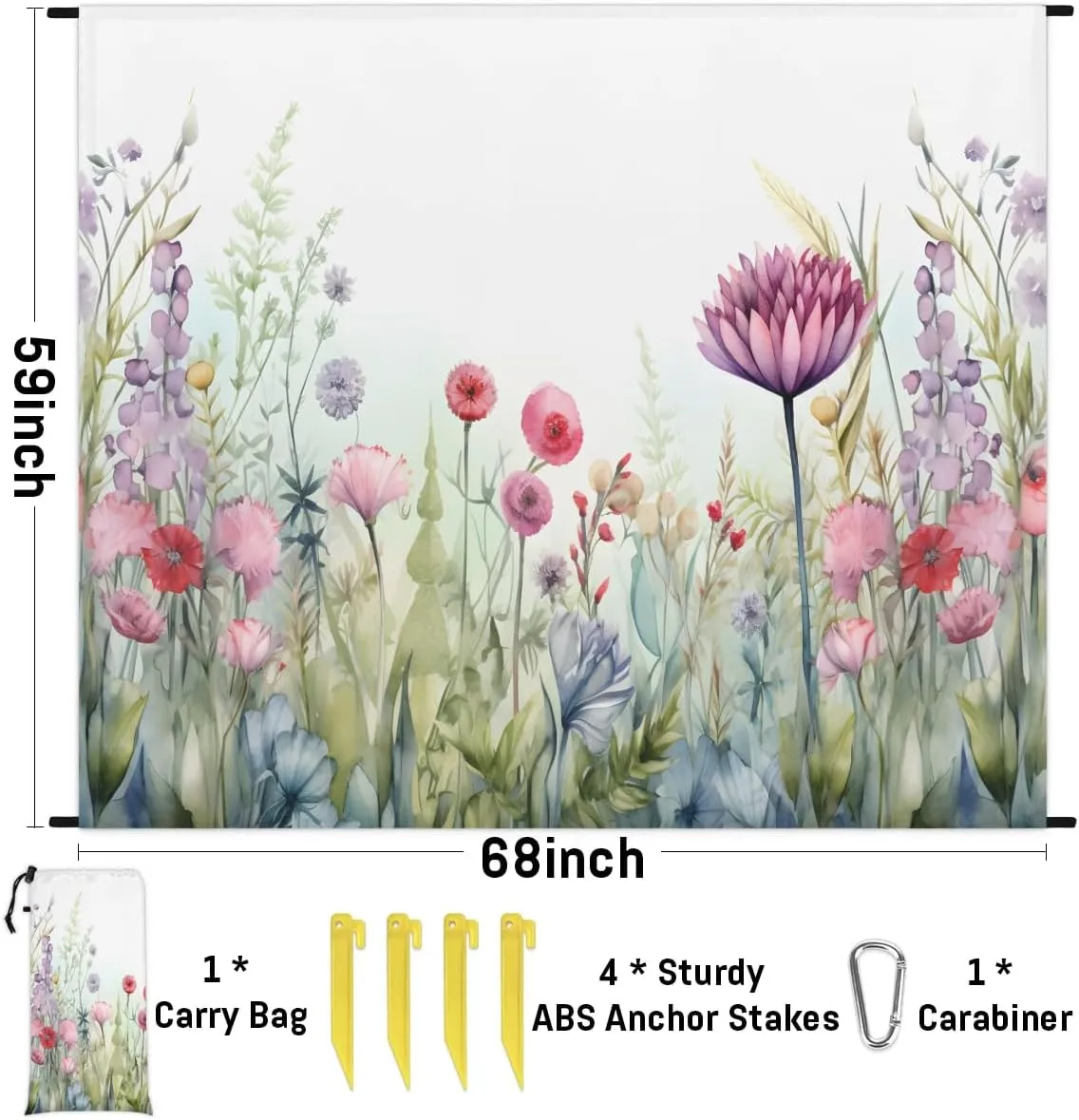 Beach Blanket, Wildflower Sandproof Beach Mat, Waterproof Quick Drying Sand Free Mat with 4 x Ground Spikes for Outdoor Travel Camping Hiking, Watercolor Floral 68 x 59 in