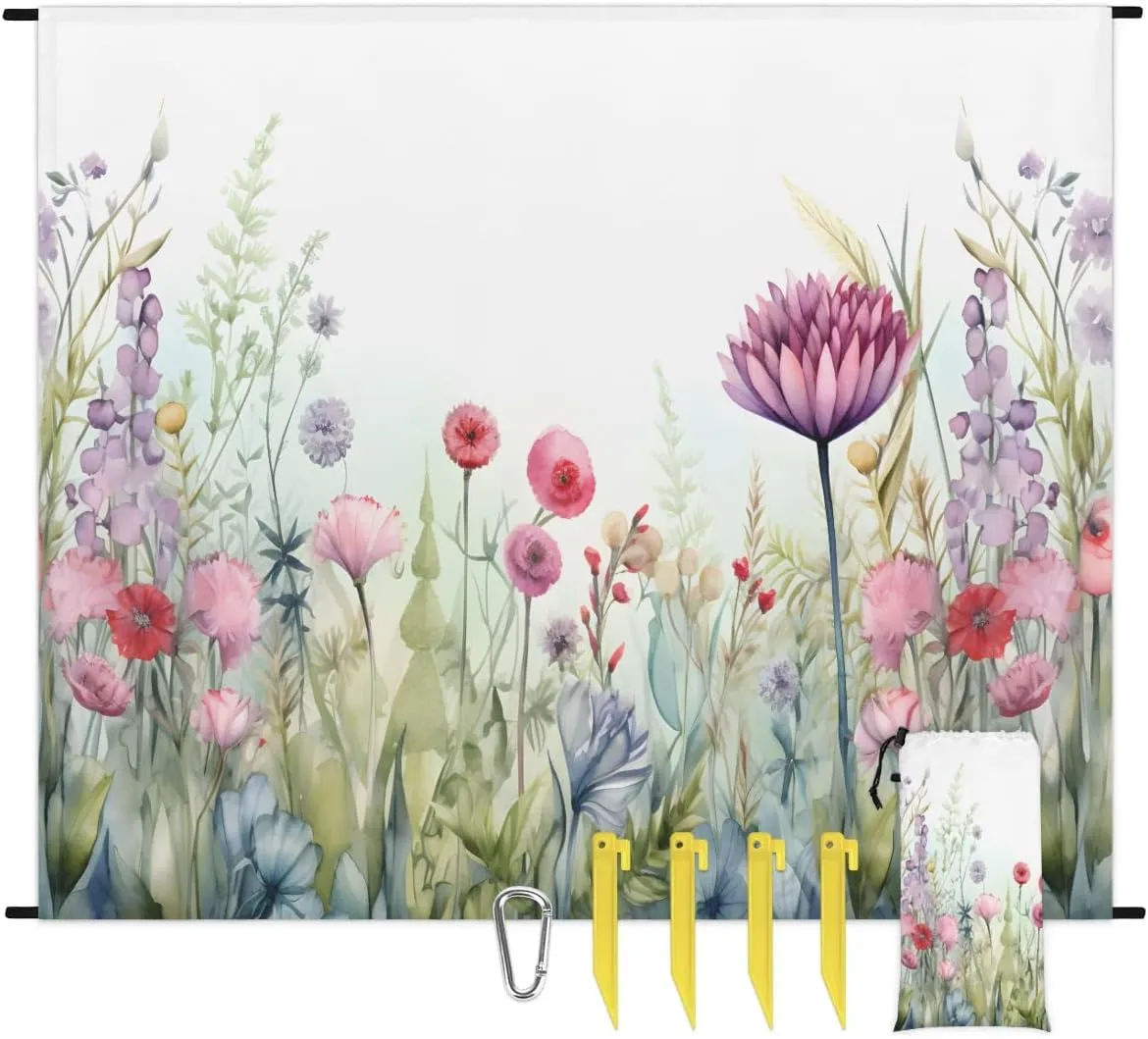 Beach Blanket, Wildflower Sandproof Beach Mat, Waterproof Quick Drying Sand Free Mat with 4 x Ground Spikes for Outdoor Travel Camping Hiking, Watercolor Floral 68 x 59 in