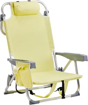 Beach Chairs for Adults, Compact Portable Lay Flat Folding Beach Chair with Backpack Straps and Large Cooler Pouch, Support to 220LBS (Yellow)