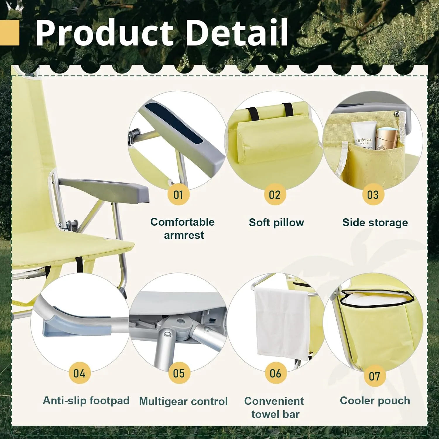 Beach Chairs for Adults, Compact Portable Lay Flat Folding Beach Chair with Backpack Straps and Large Cooler Pouch, Support to 220LBS (Yellow)