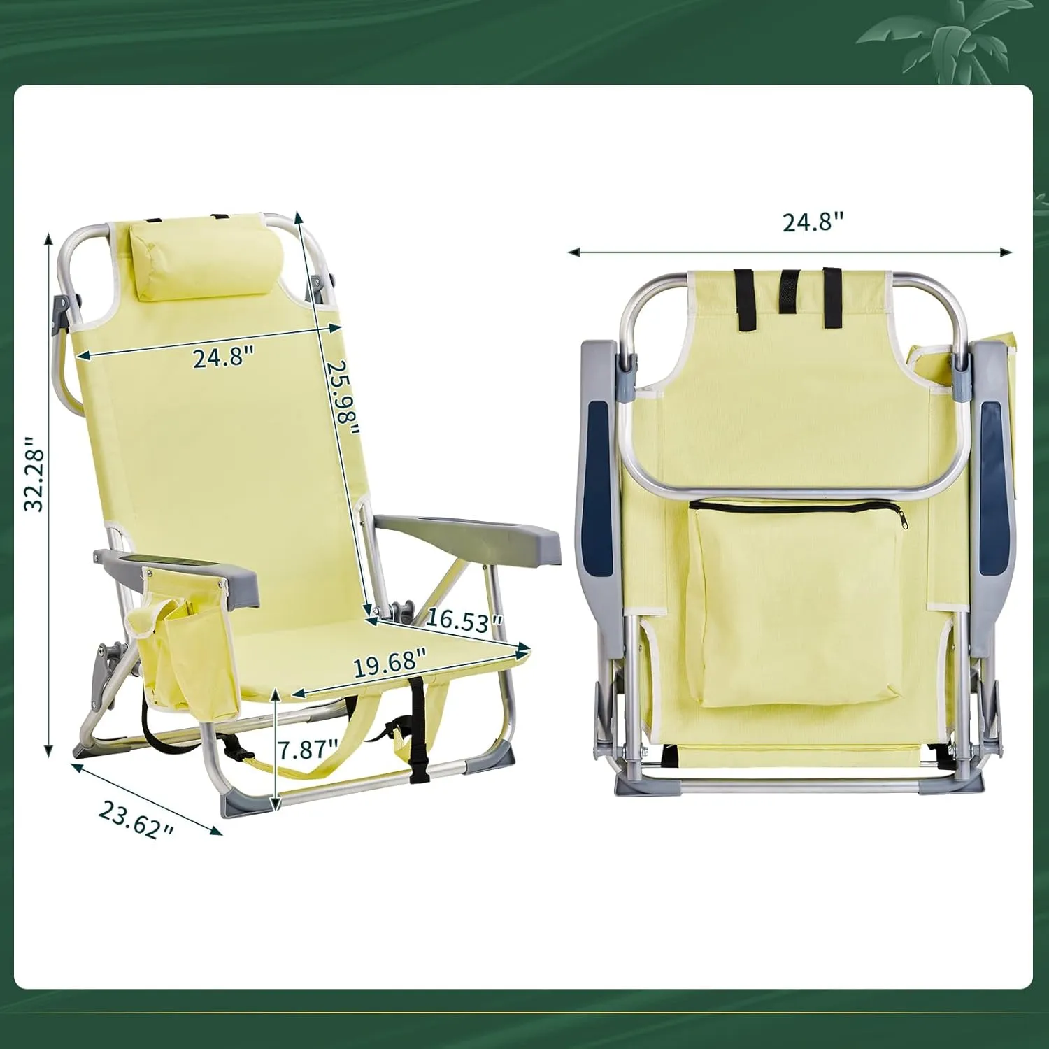 Beach Chairs for Adults, Compact Portable Lay Flat Folding Beach Chair with Backpack Straps and Large Cooler Pouch, Support to 220LBS (Yellow)