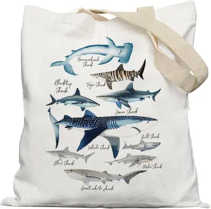 Beach Shark Canvas Tote Bag, Shark Species Tote bag, Shark Gifts for Shark Lovers, Shark Themed Gifts, Sea Creature Gifts, Reusable Grocery Bags Shopping Bags, Preppy Gifts, White