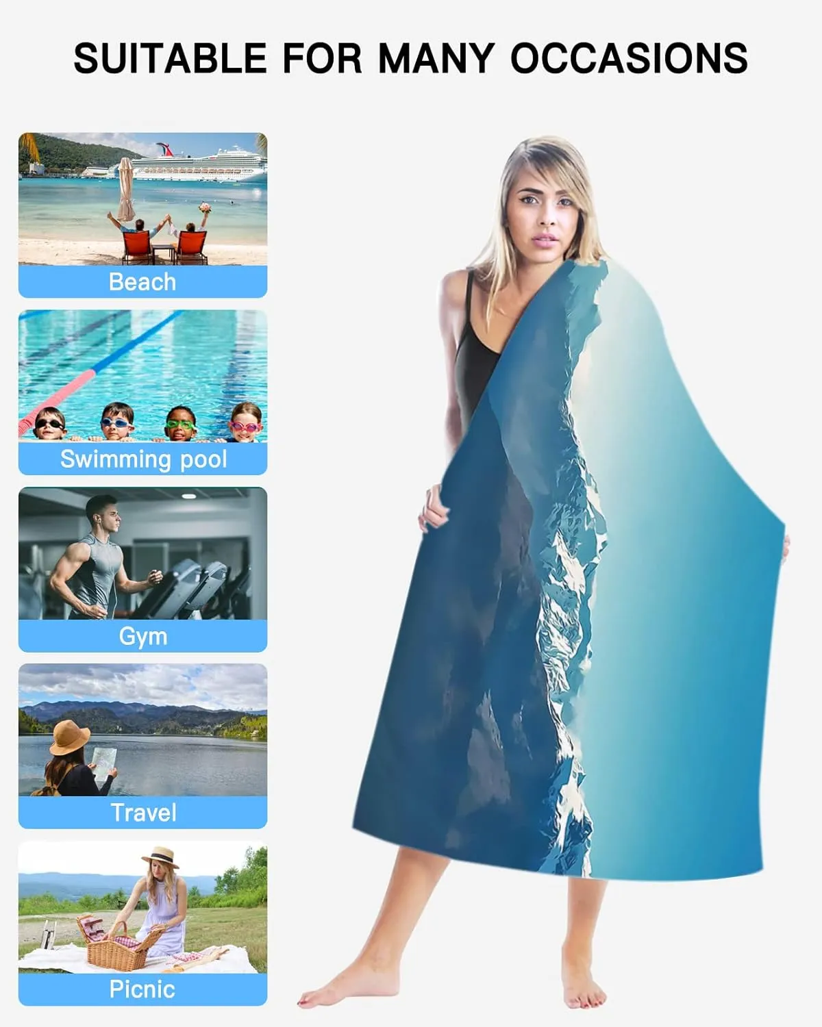 Beach Towel for Kids Adults, Natural Snowy Mountain Landscape Mountain Range Photo Blue Extra Large Towels Blanket Picnic Blanket Swim Pool Towel Soft Beach Towels Travel Beach Towel 35x71in