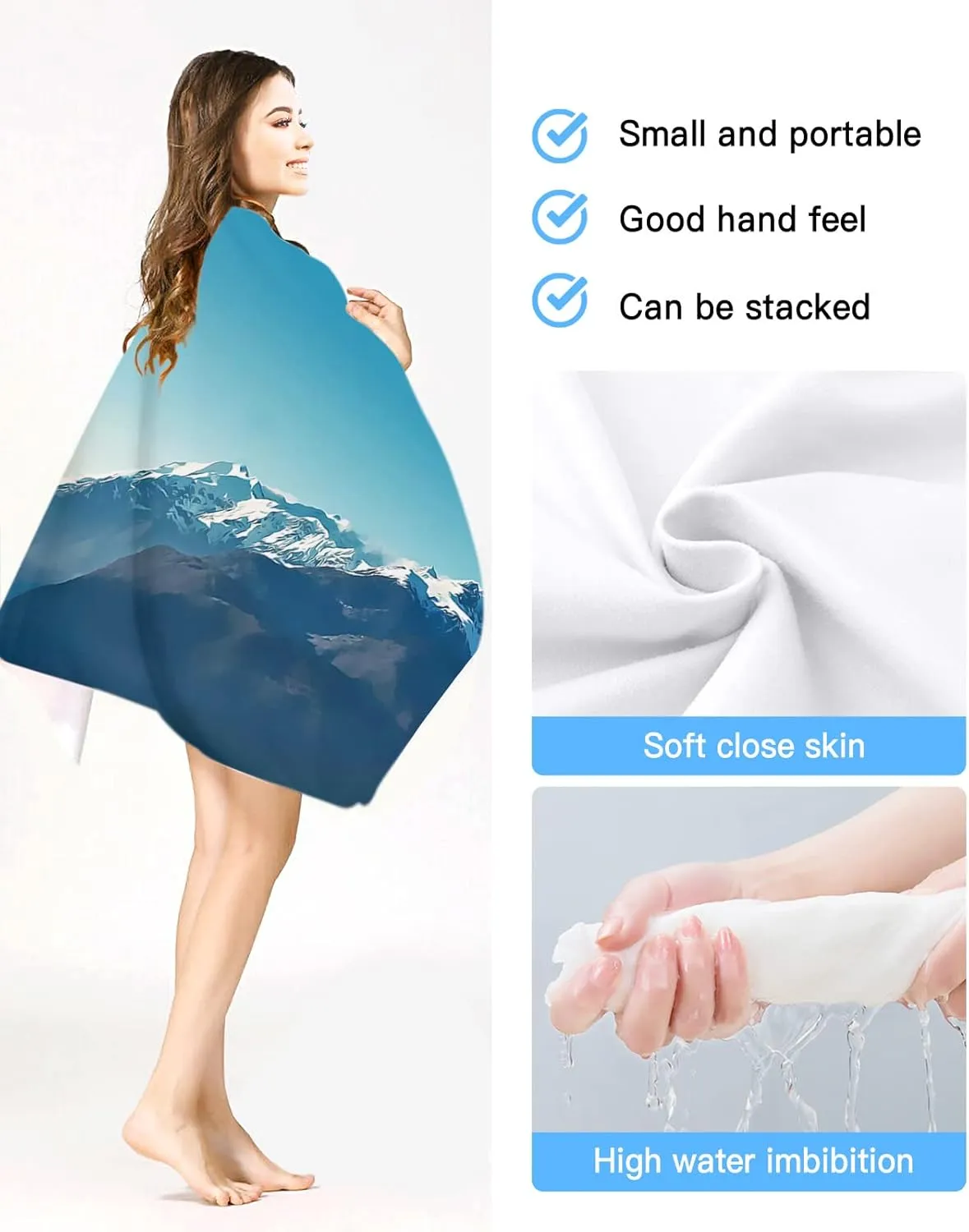 Beach Towel for Kids Adults, Natural Snowy Mountain Landscape Mountain Range Photo Blue Extra Large Towels Blanket Picnic Blanket Swim Pool Towel Soft Beach Towels Travel Beach Towel 35x71in
