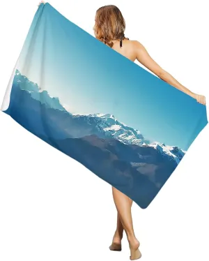 Beach Towel for Kids Adults, Natural Snowy Mountain Landscape Mountain Range Photo Blue Extra Large Towels Blanket Picnic Blanket Swim Pool Towel Soft Beach Towels Travel Beach Towel 35x71in