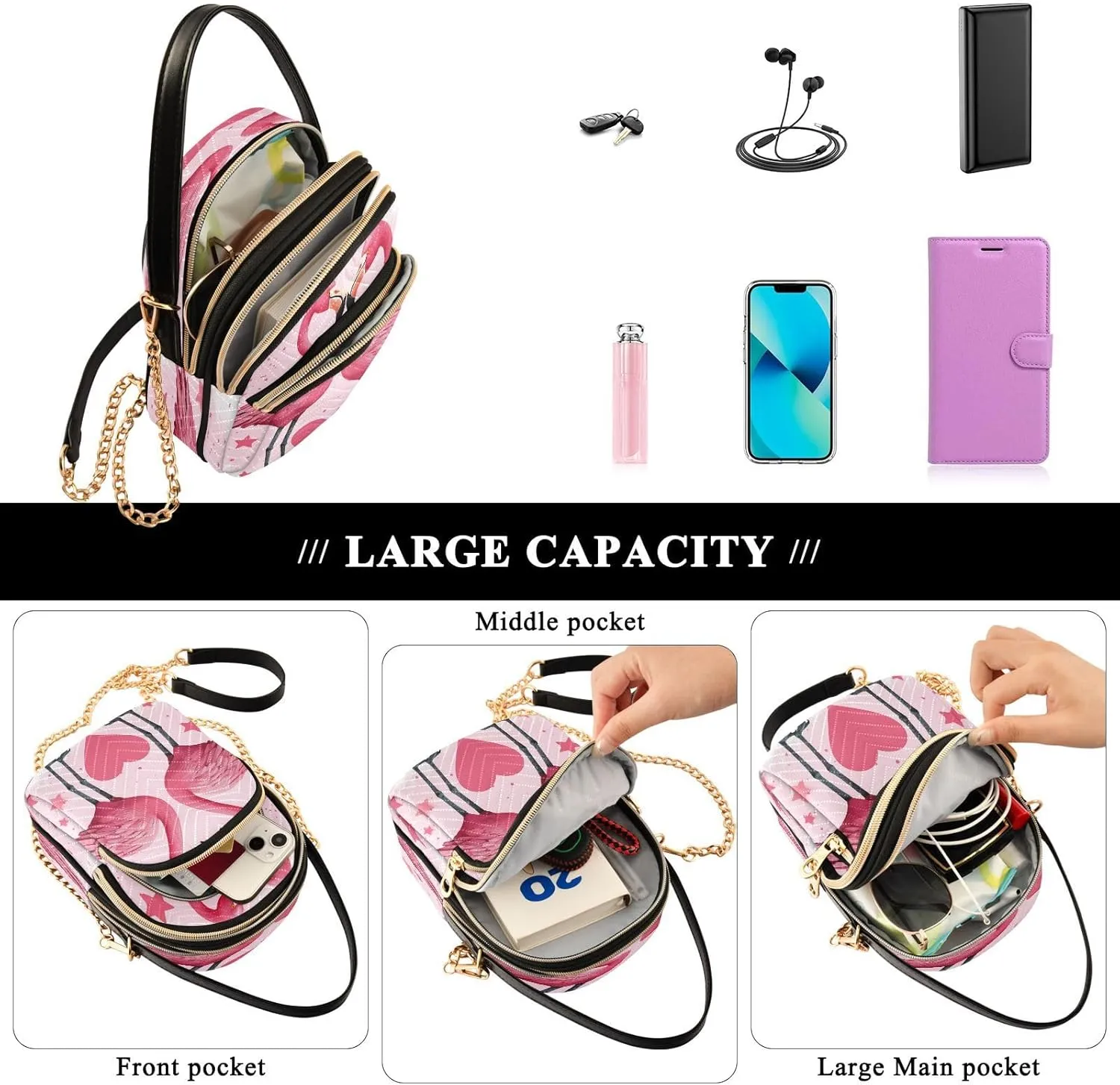 Beautiful Flamingos Shoulder Bags for Women Retro Classic Handbag Purse Small Purses with Chain
