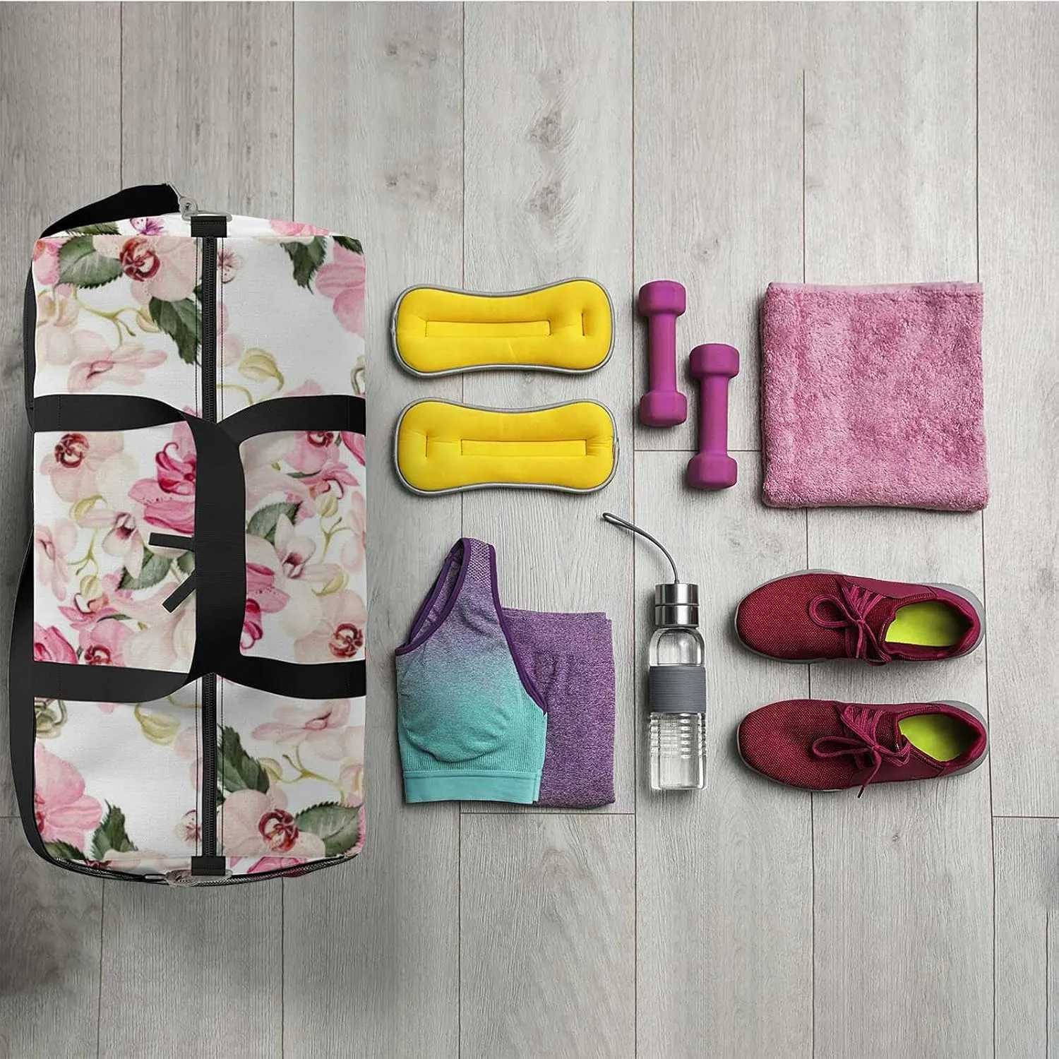 Beautiful Watercolor Orchid Flowers Sports Duffel Bag Travel Gym Tote Bags Lightweight Durable Shoulder Strap Waterproof Polyester Outside Mesh Pocket Overnight Trip Duffel Bag for Women Men