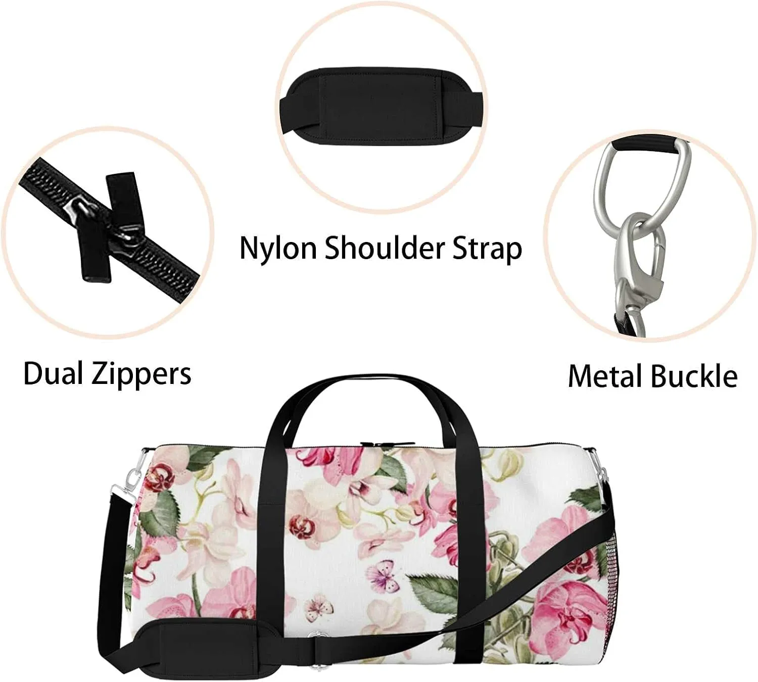 Beautiful Watercolor Orchid Flowers Sports Duffel Bag Travel Gym Tote Bags Lightweight Durable Shoulder Strap Waterproof Polyester Outside Mesh Pocket Overnight Trip Duffel Bag for Women Men