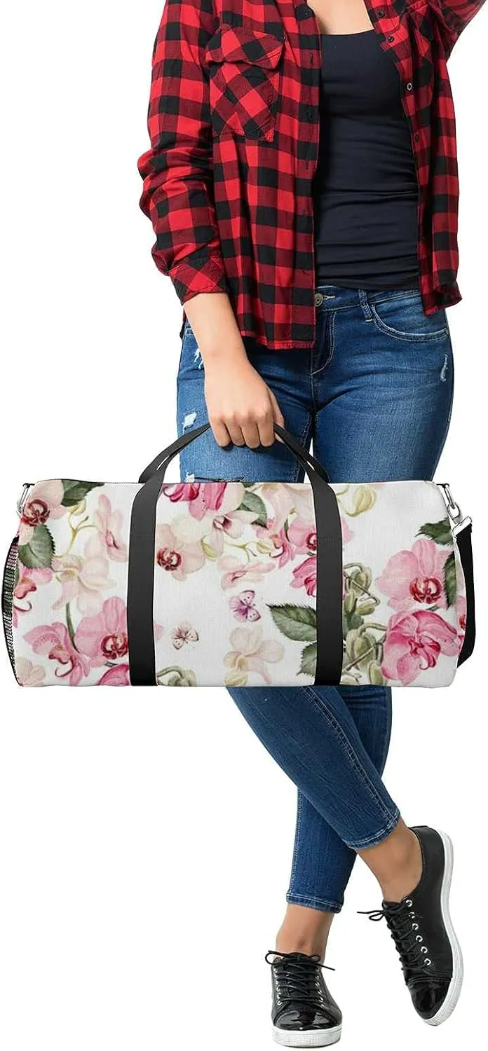 Beautiful Watercolor Orchid Flowers Sports Duffel Bag Travel Gym Tote Bags Lightweight Durable Shoulder Strap Waterproof Polyester Outside Mesh Pocket Overnight Trip Duffel Bag for Women Men