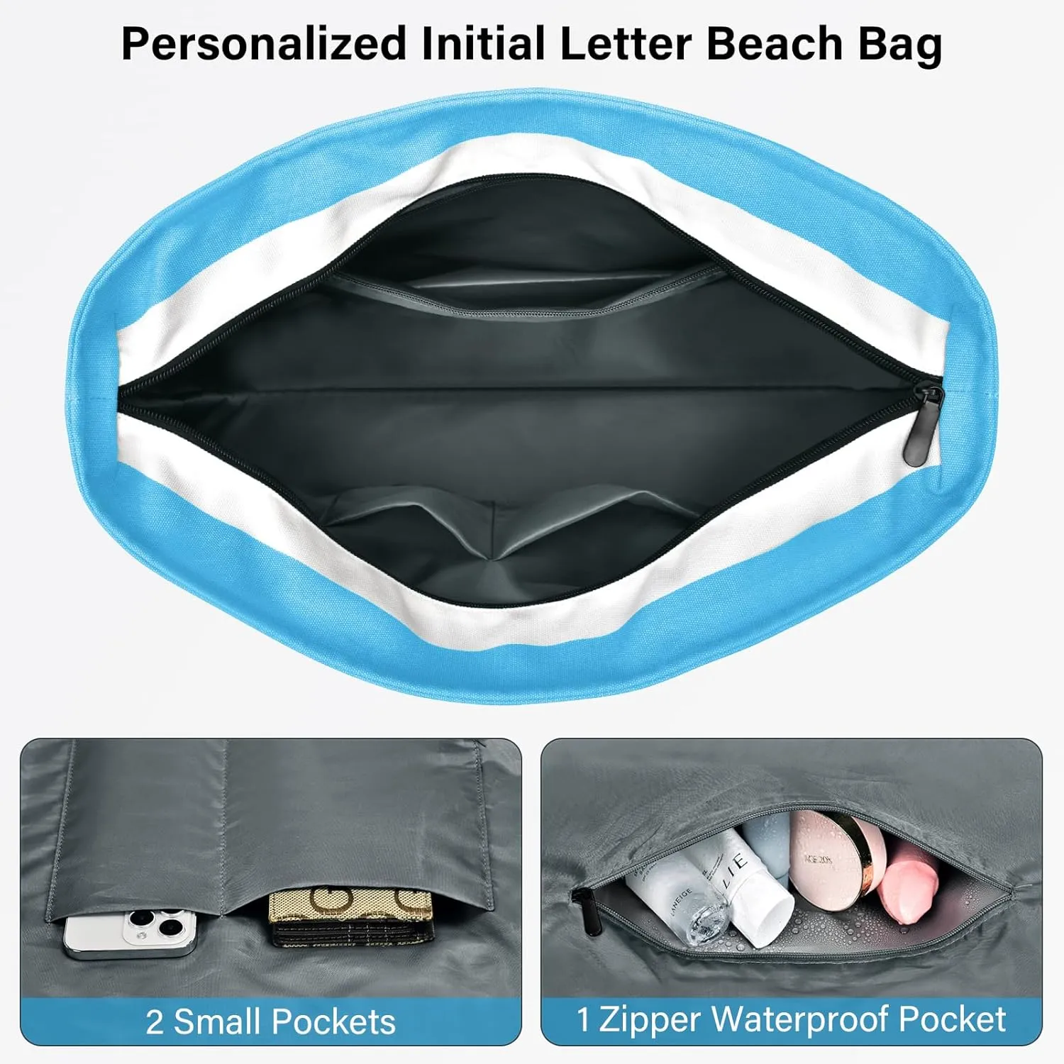 Becokan Beach Bag Initial Beach Tote with Makeup Bag for Travel Work Storage Personalized Birthday Gifts for Women Her