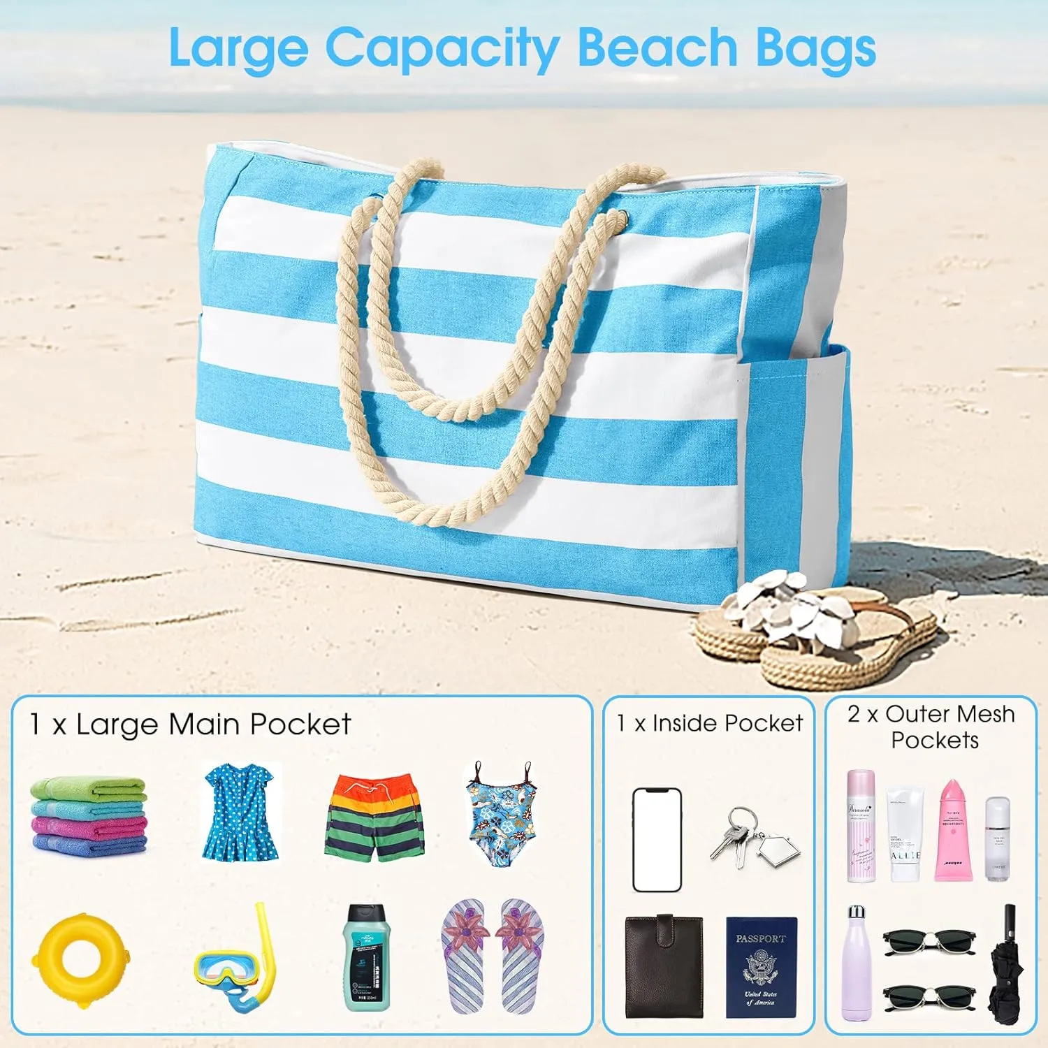 Becokan Beach Bags for Women Large Waterproof Beach Tote Bag Zipper Beach Bags Waterproof Sandproof Swim Pool Bag Large Tote