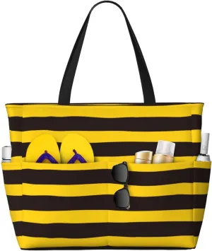 Bee Stripe Large Beach Tote Bag for Women Extra Large Capacity Waterproof Sandproof Pool Bag Suitable for Gym Swimming Pool Travel Groceries