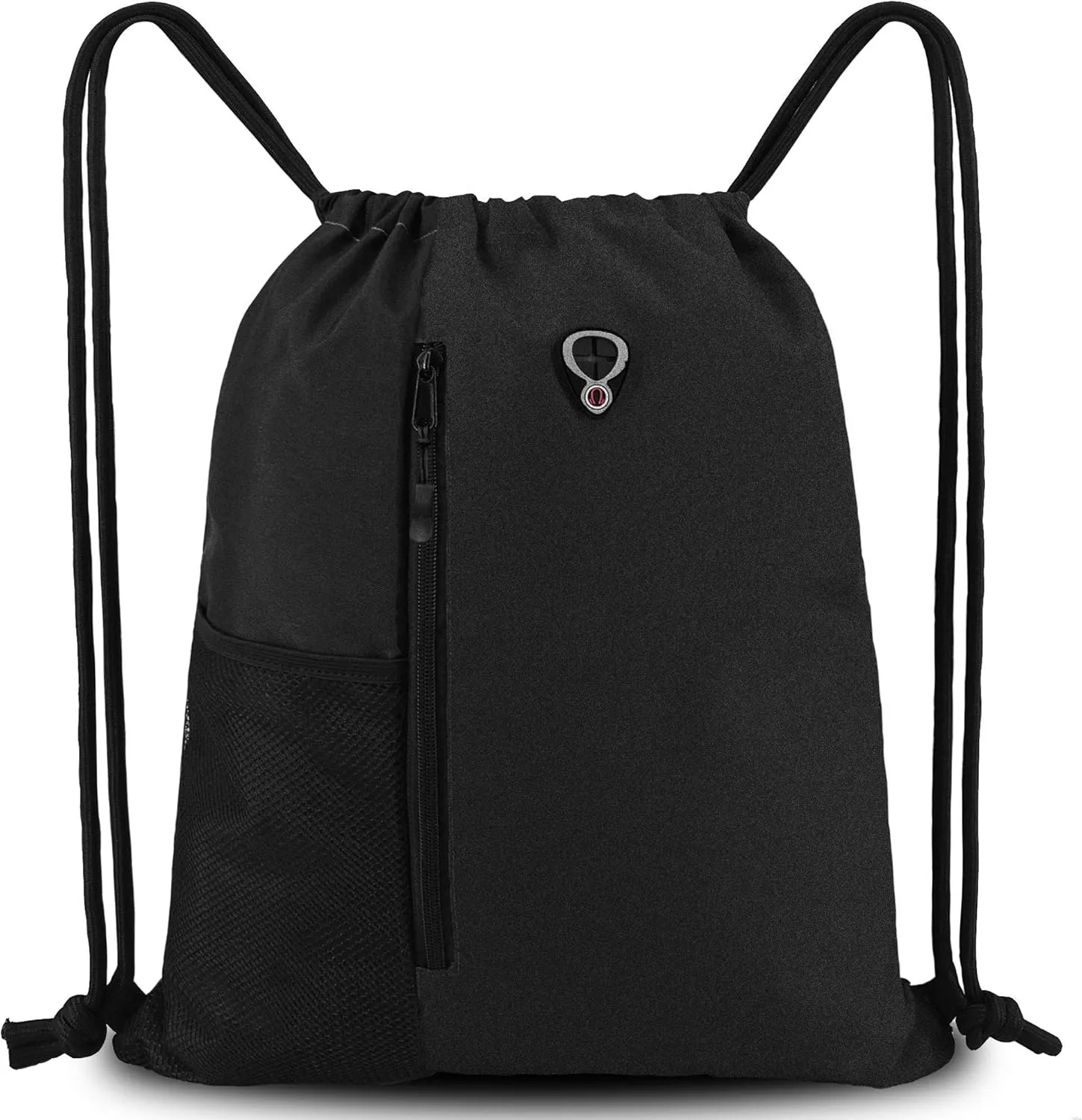 BeeGreen Drawstring-Gym-Bag for Men&Women Black Sport String Backpack With Water Bottle Mesh Pockets&Front Zippered Pocket Gym Backpack 1 Pack with Ball Holder