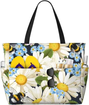 Bees Collecting Nectar For Beach Bag For Women Large Beach Tote Bag Waterproof Sandproof Swim Bag With Zipper Pockets Beach Vacation Travel