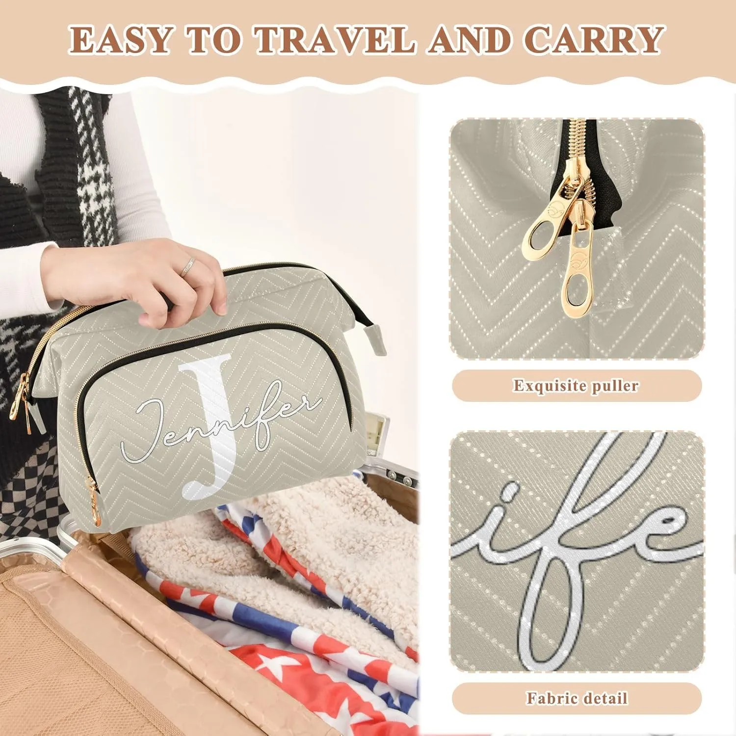 Beige Custom Makeup Bag Travel Toiletry Bag Makeup Case Box Cute Skincare Bag Organizer Small Cosmetic Bag Pouch Make Up Bags for Women Men Purse Adults Trip Sports Toiletries