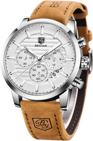 BENYAR Quartz Chronograph Waterproof Watches Business and Sport Design Leather Band Strap Wrist Watch for Men