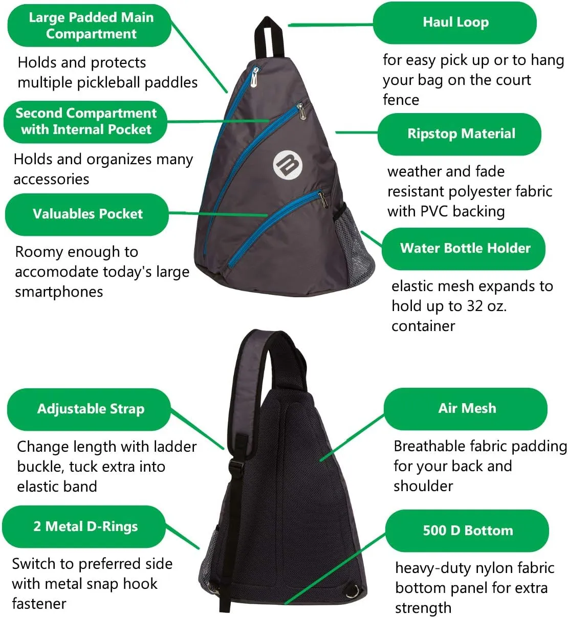 BESTA Premium Pickleball Bag. Padded Sling Bag with 3 Compartments, Water Bottle Holder and Adjustable Strap that Switches Sides. Holds Several Paddles, Balls and More.