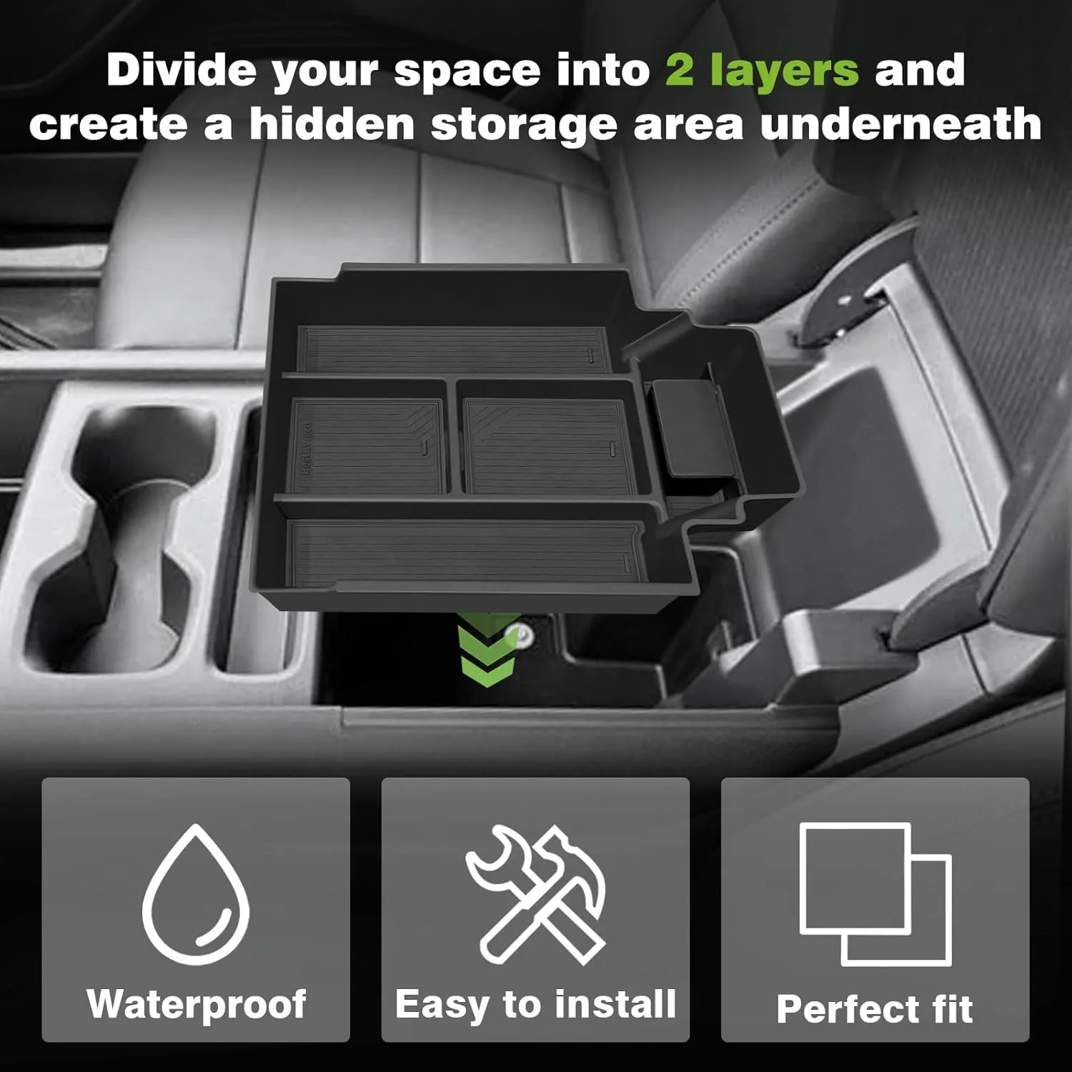 BestEvMod 2PCS Center Console Organizer Trays Fit for Chevrolet Silverado EV 2024 2025 Pickup Armrest Storage Box ABS Material with PVC Trim Not Fit ICE or RST Models (Top   Bottom)