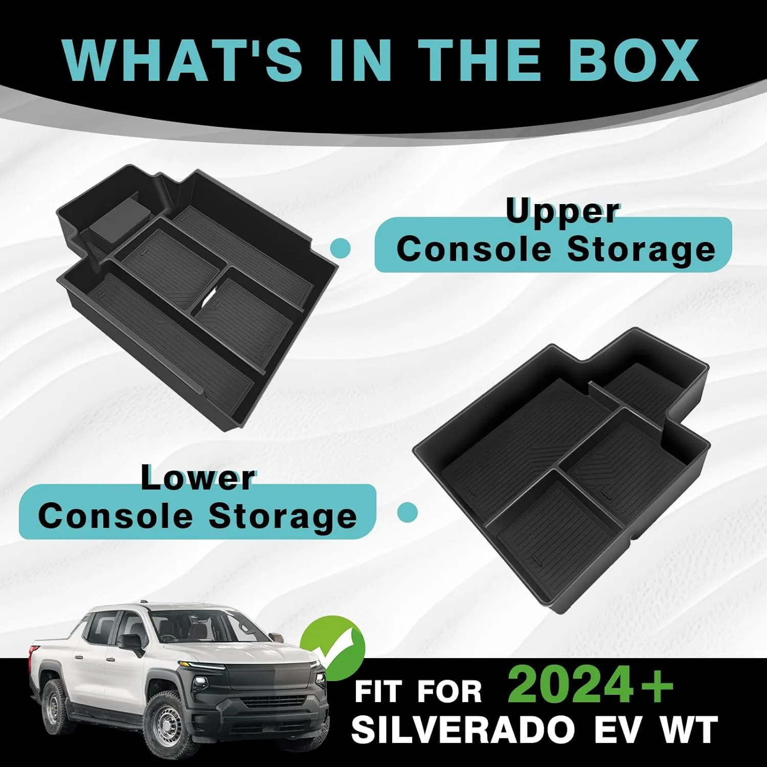 BestEvMod 2PCS Center Console Organizer Trays Fit for Chevrolet Silverado EV 2024 2025 Pickup Armrest Storage Box ABS Material with PVC Trim Not Fit ICE or RST Models (Top   Bottom)