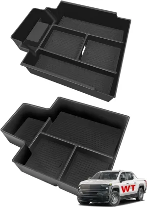 BestEvMod 2PCS Center Console Organizer Trays Fit for Chevrolet Silverado EV 2024 2025 Pickup Armrest Storage Box ABS Material with PVC Trim Not Fit ICE or RST Models (Top   Bottom)