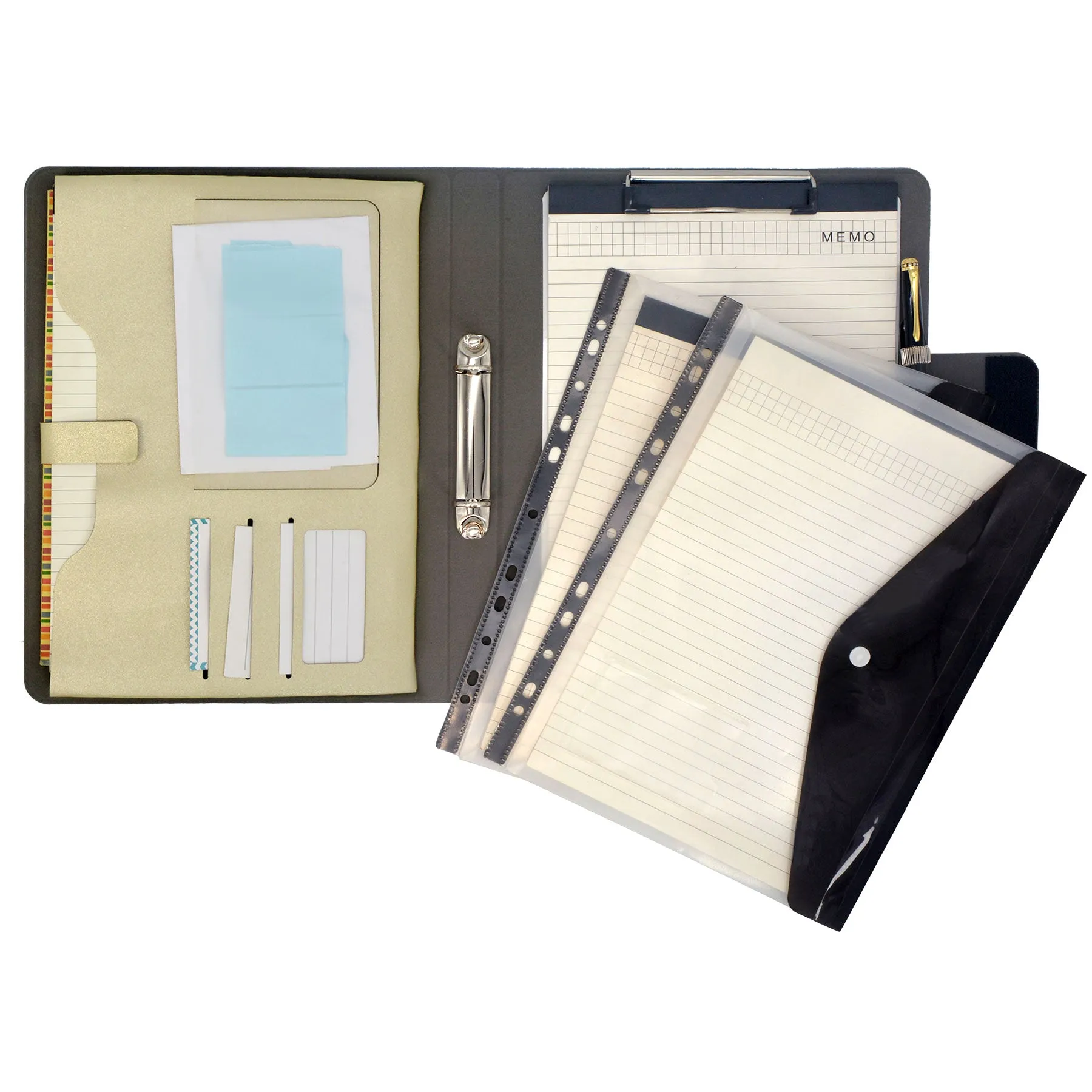 Binder Organizer Portfolio Case, 2-Ring Binder Padfolio with Whiteboard Clipboard and Expanded Document Bag, Padfolio Ring Binder Business Organizer Folder Case
