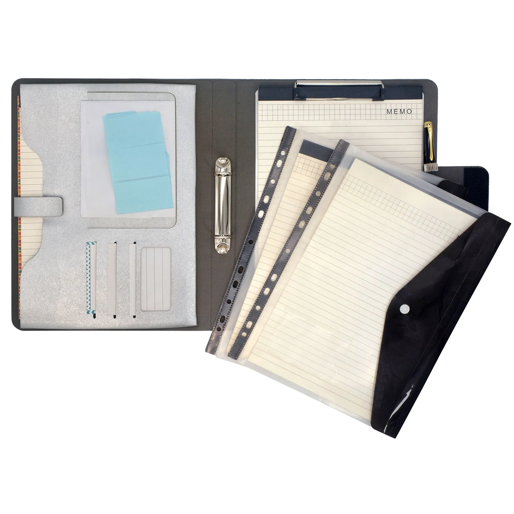 Binder Organizer Portfolio Case, 2-Ring Binder Padfolio with Whiteboard Clipboard and Expanded Document Bag, Padfolio Ring Binder Business Organizer Folder Case