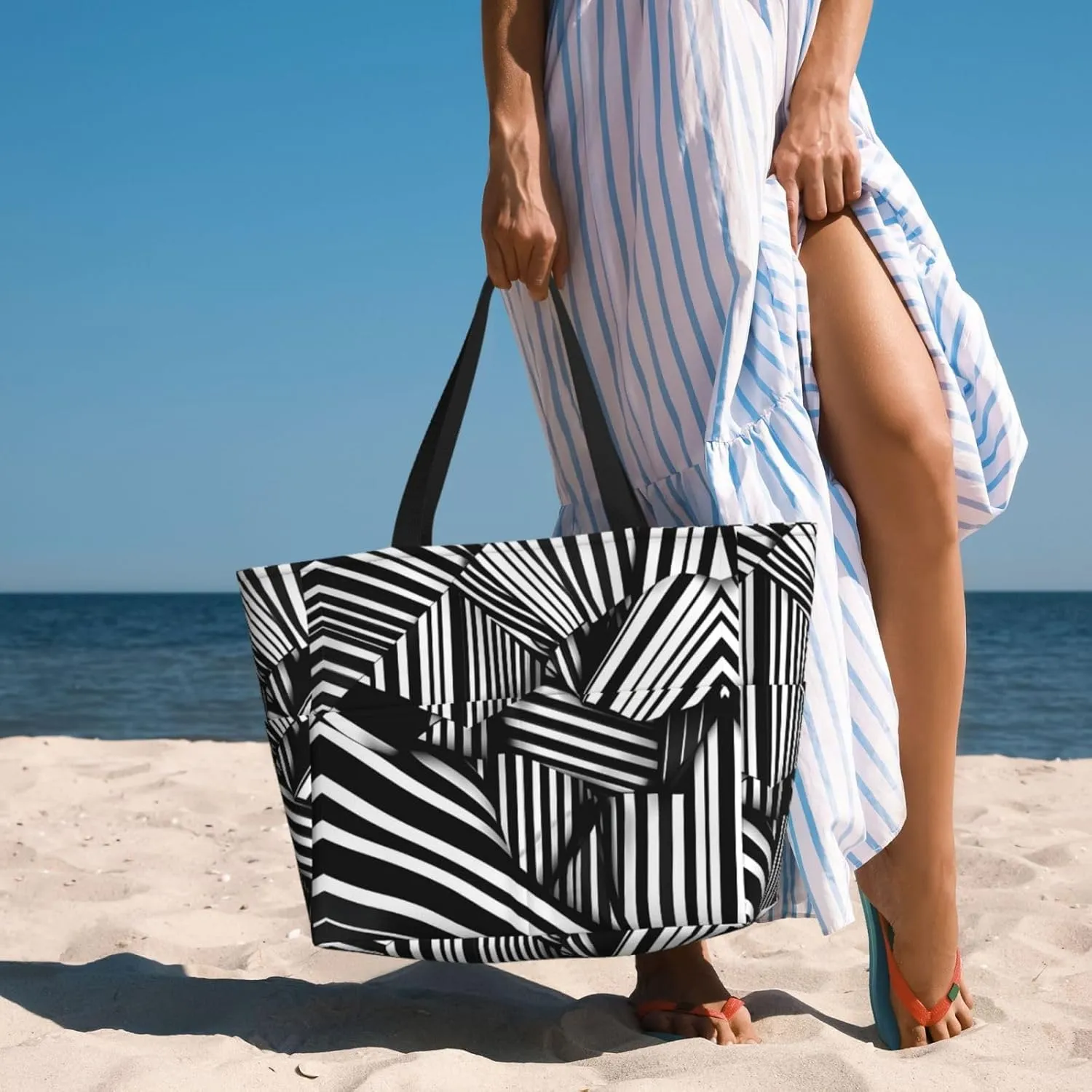 Black And White Lines Spacious Large Capacity Beach Travel Bag - Foldable Beach Bag Tote Bag With Zipper
