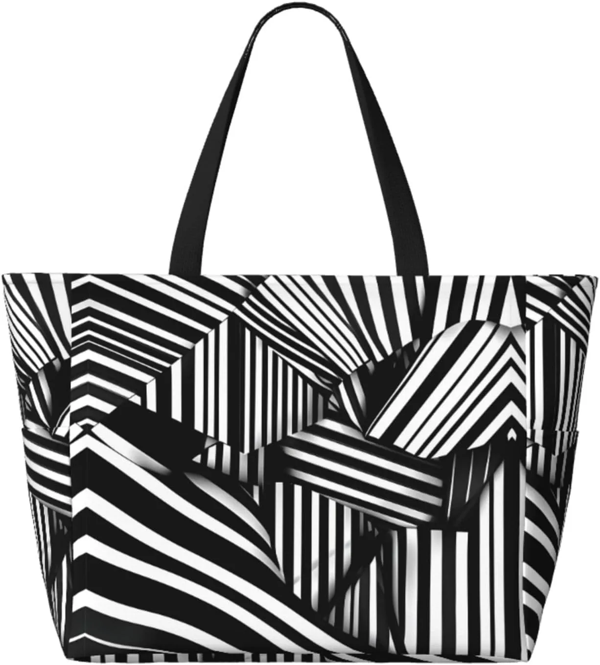 Black And White Lines Spacious Large Capacity Beach Travel Bag - Foldable Beach Bag Tote Bag With Zipper