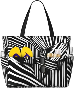 Black And White Lines Spacious Large Capacity Beach Travel Bag - Foldable Beach Bag Tote Bag With Zipper