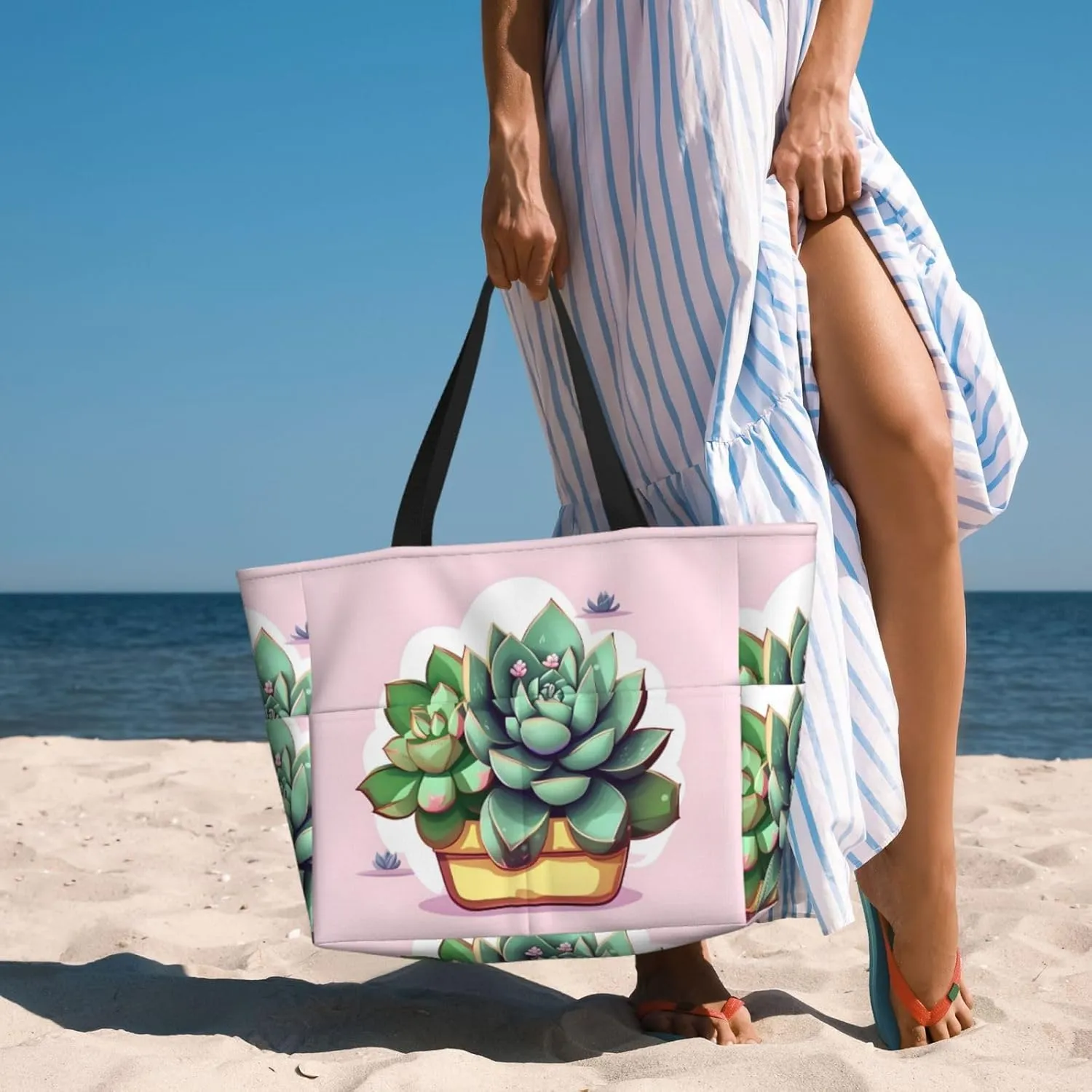 Black And White Lines Spacious Large Capacity Beach Travel Bag - Foldable Beach Bag Tote Bag With Zipper