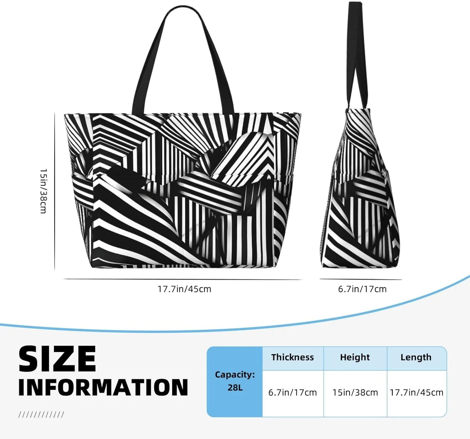 Black And White Lines Spacious Large Capacity Beach Travel Bag - Foldable Beach Bag Tote Bag With Zipper