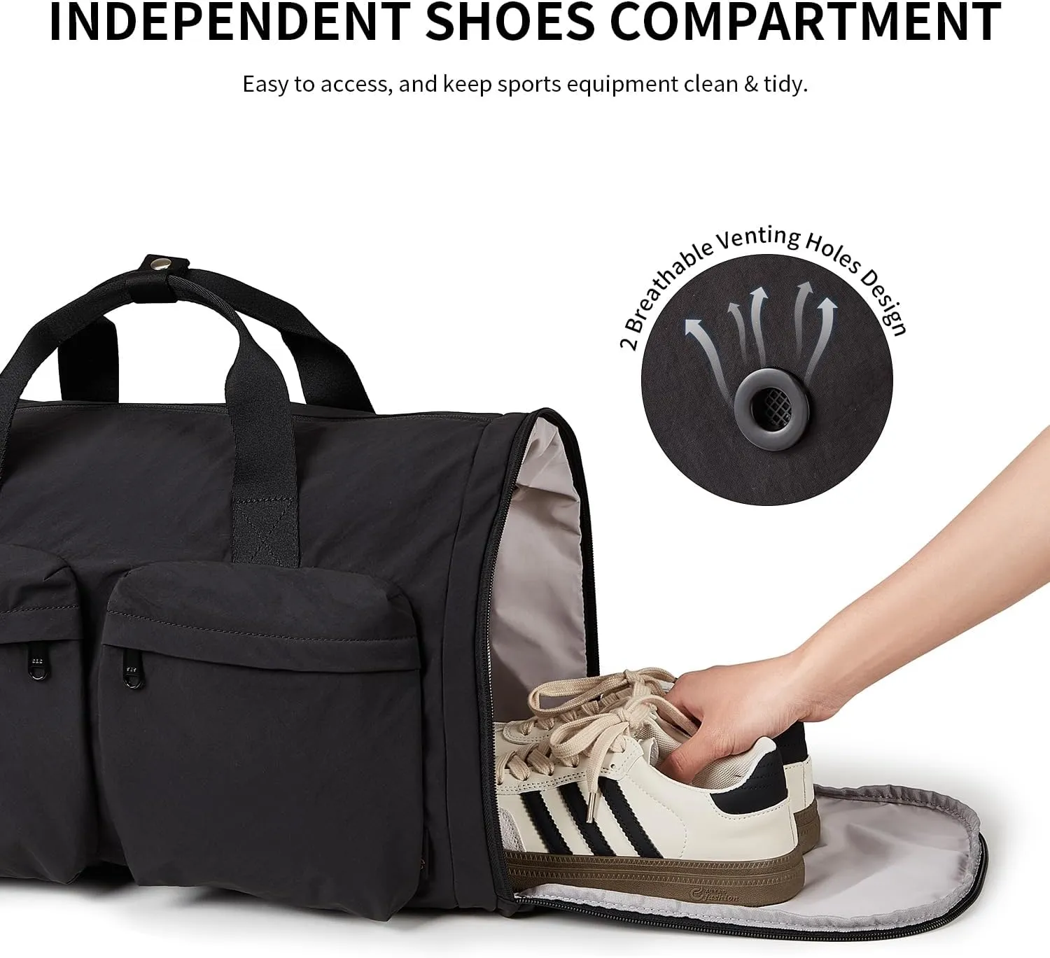 Black Gym Bag for Women Men with Shoes Compartment, 3 in 1 Carry on Travel Duffel Bags with Trolley Sleeve, Lightweight & Water Resistant Gym Duffel Bag for Travel, Sports, Fitness & Workout