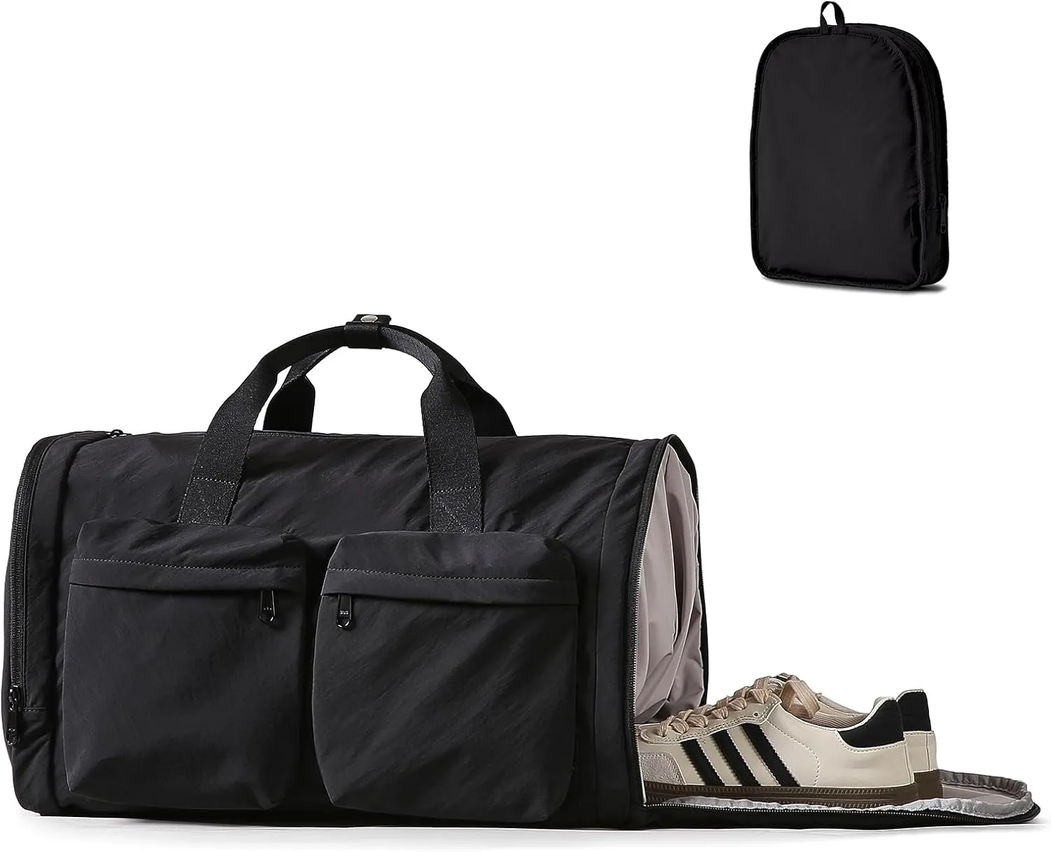 Black Gym Bag for Women Men with Shoes Compartment, 3 in 1 Carry on Travel Duffel Bags with Trolley Sleeve, Lightweight & Water Resistant Gym Duffel Bag for Travel, Sports, Fitness & Workout