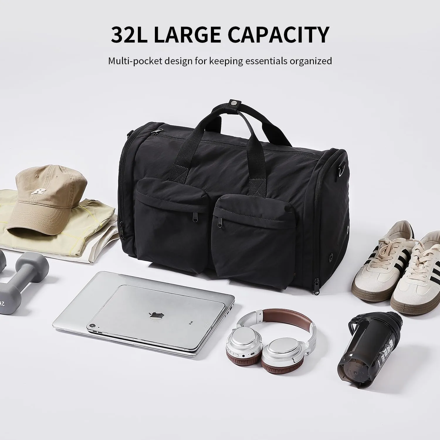 Black Gym Bag for Women Men with Shoes Compartment, 3 in 1 Carry on Travel Duffel Bags with Trolley Sleeve, Lightweight & Water Resistant Gym Duffel Bag for Travel, Sports, Fitness & Workout