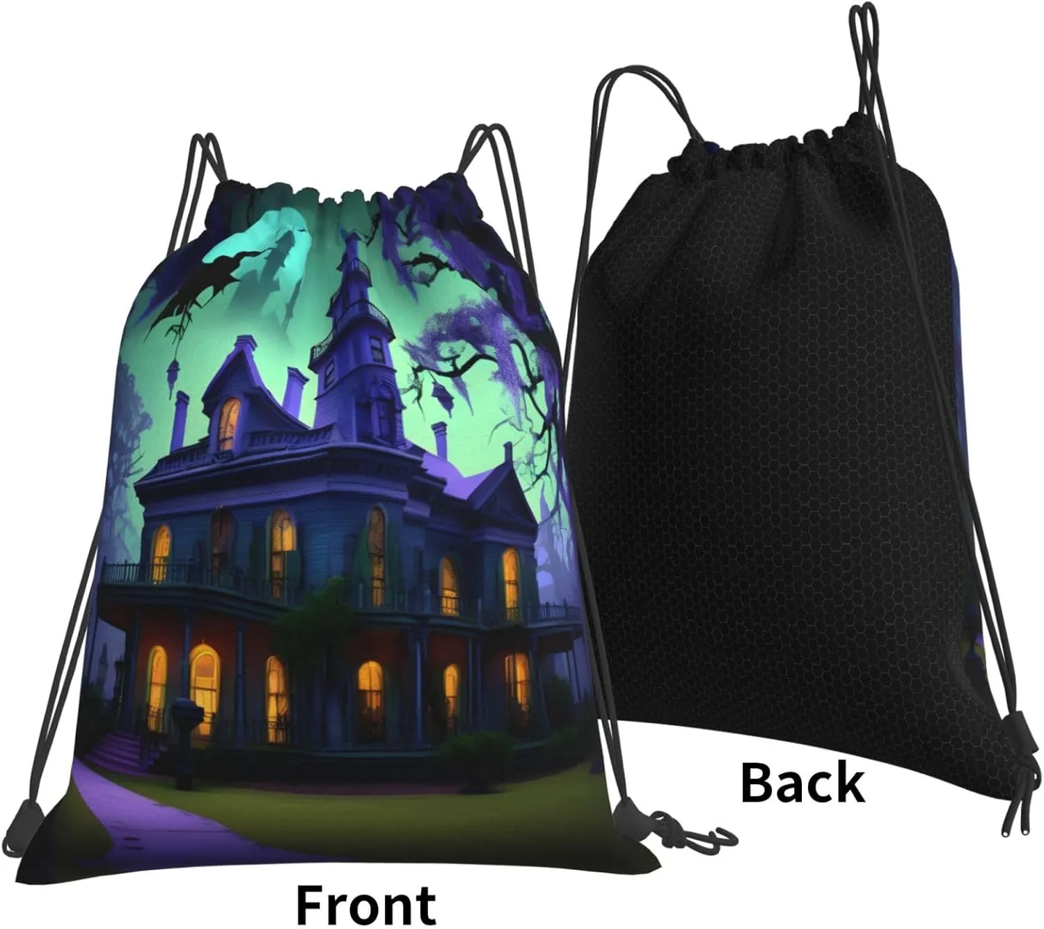 Black Haunted Mansions Print Sports Drawstring Backpack,Water Resistant Bag, Gym Backpack for Women Men
