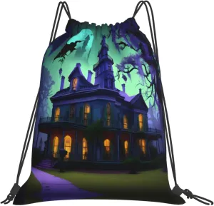Black Haunted Mansions Print Sports Drawstring Backpack,Water Resistant Bag, Gym Backpack for Women Men