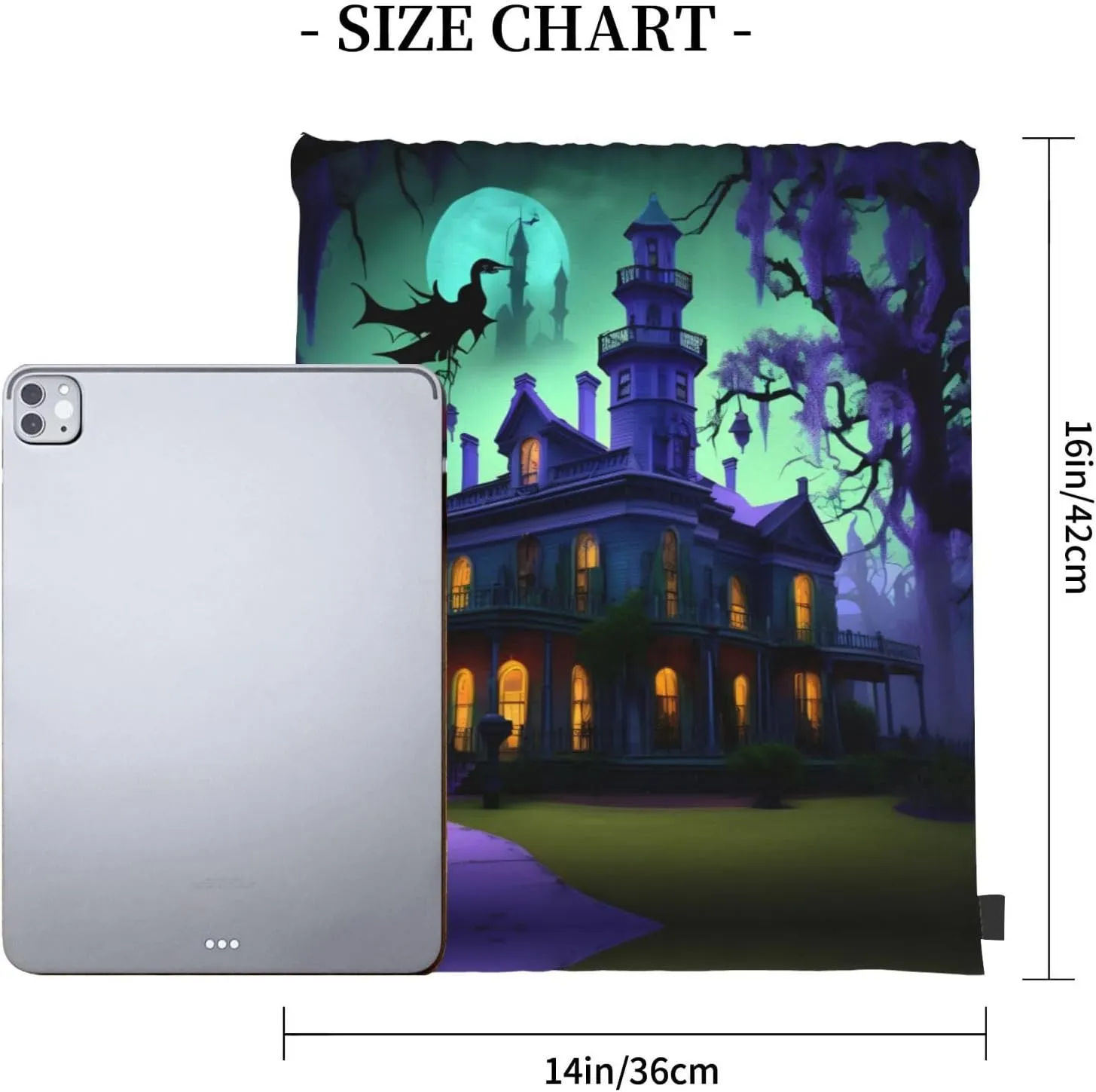 Black Haunted Mansions Print Sports Drawstring Backpack,Water Resistant Bag, Gym Backpack for Women Men