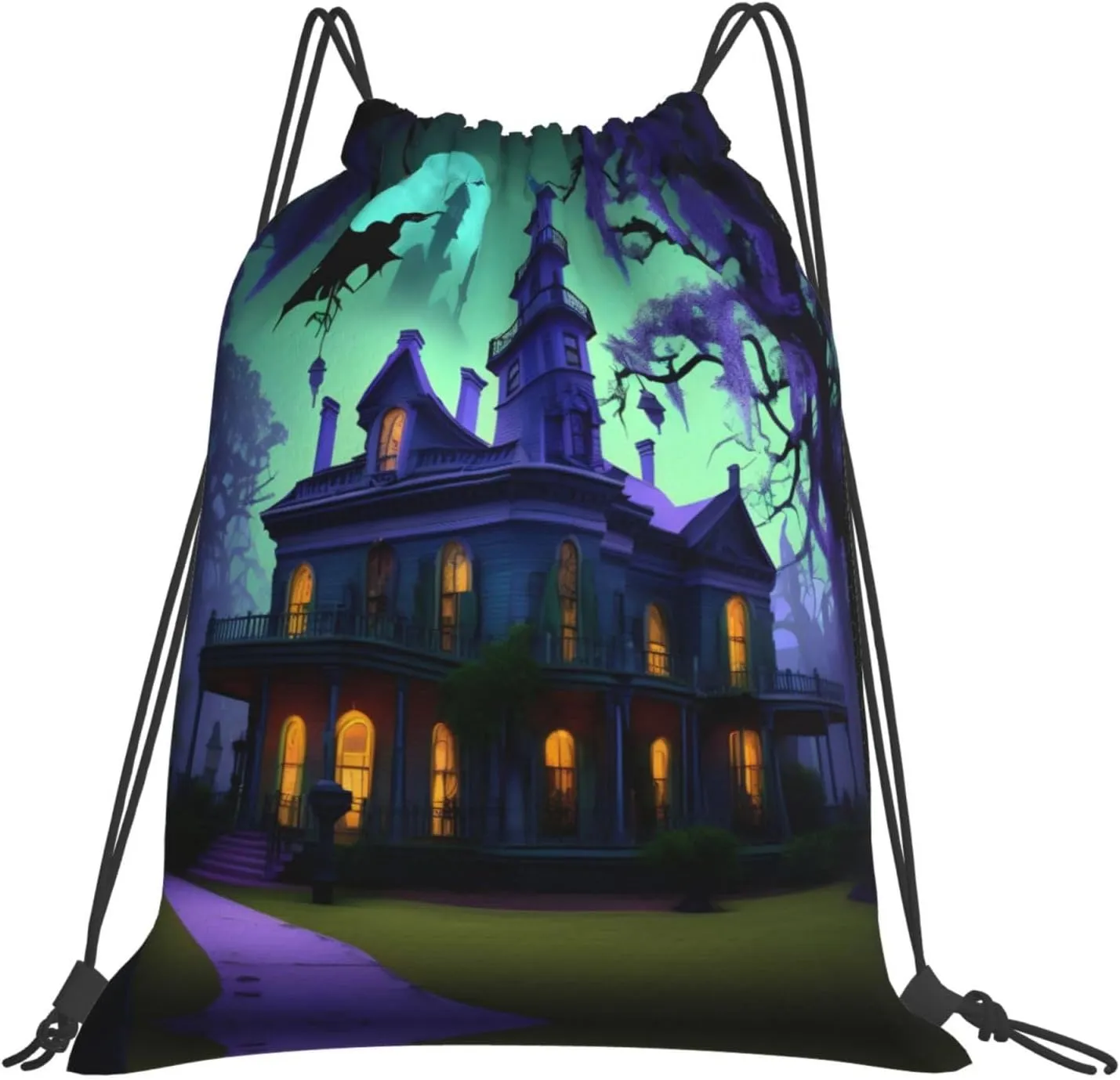 Black Haunted Mansions Print Sports Drawstring Backpack,Water Resistant Bag, Gym Backpack for Women Men
