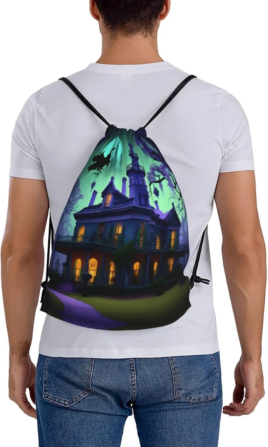 Black Haunted Mansions Print Sports Drawstring Backpack,Water Resistant Bag, Gym Backpack for Women Men