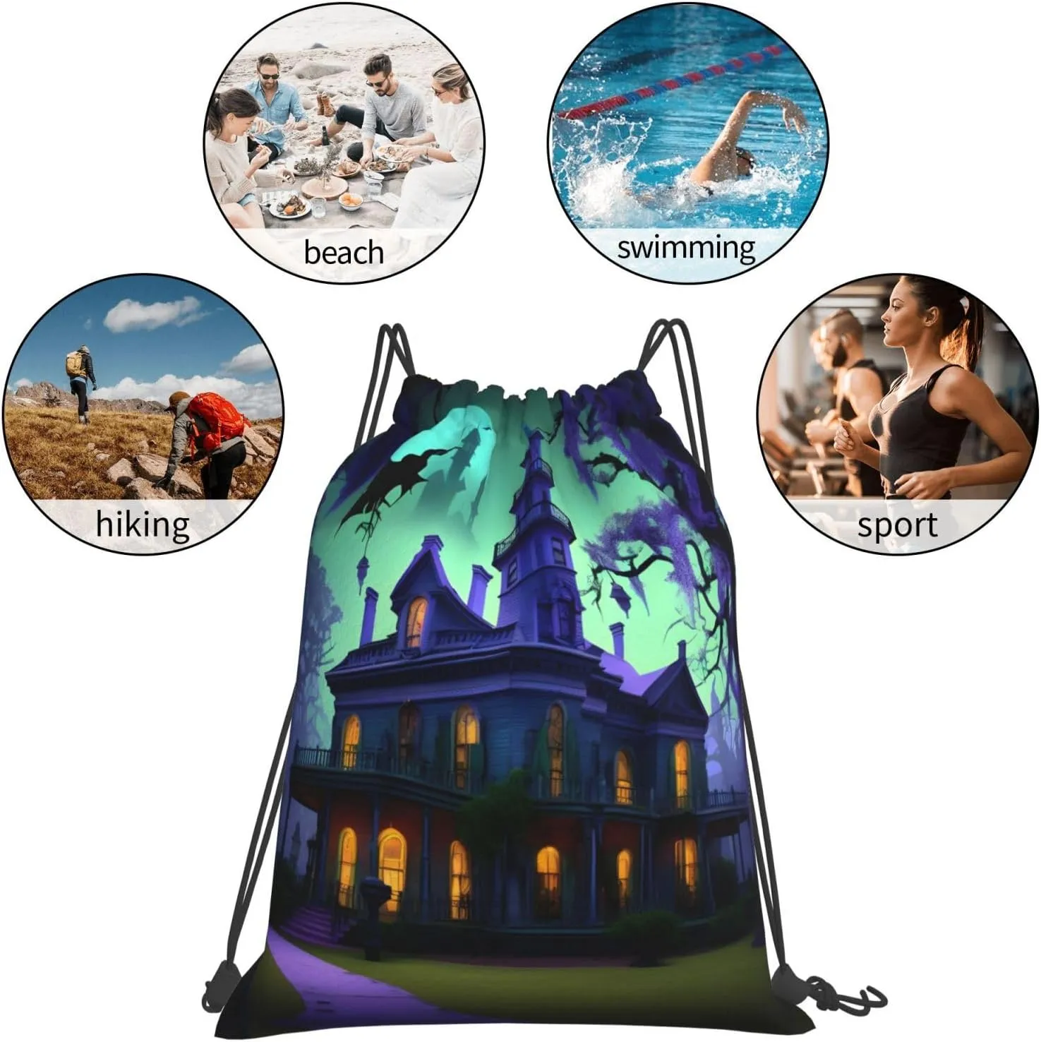 Black Haunted Mansions Print Sports Drawstring Backpack,Water Resistant Bag, Gym Backpack for Women Men