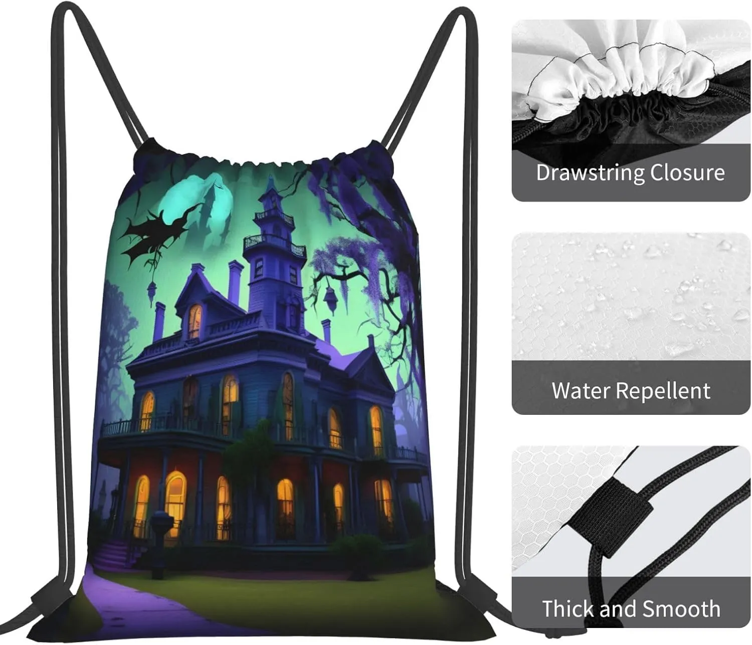 Black Haunted Mansions Print Sports Drawstring Backpack,Water Resistant Bag, Gym Backpack for Women Men
