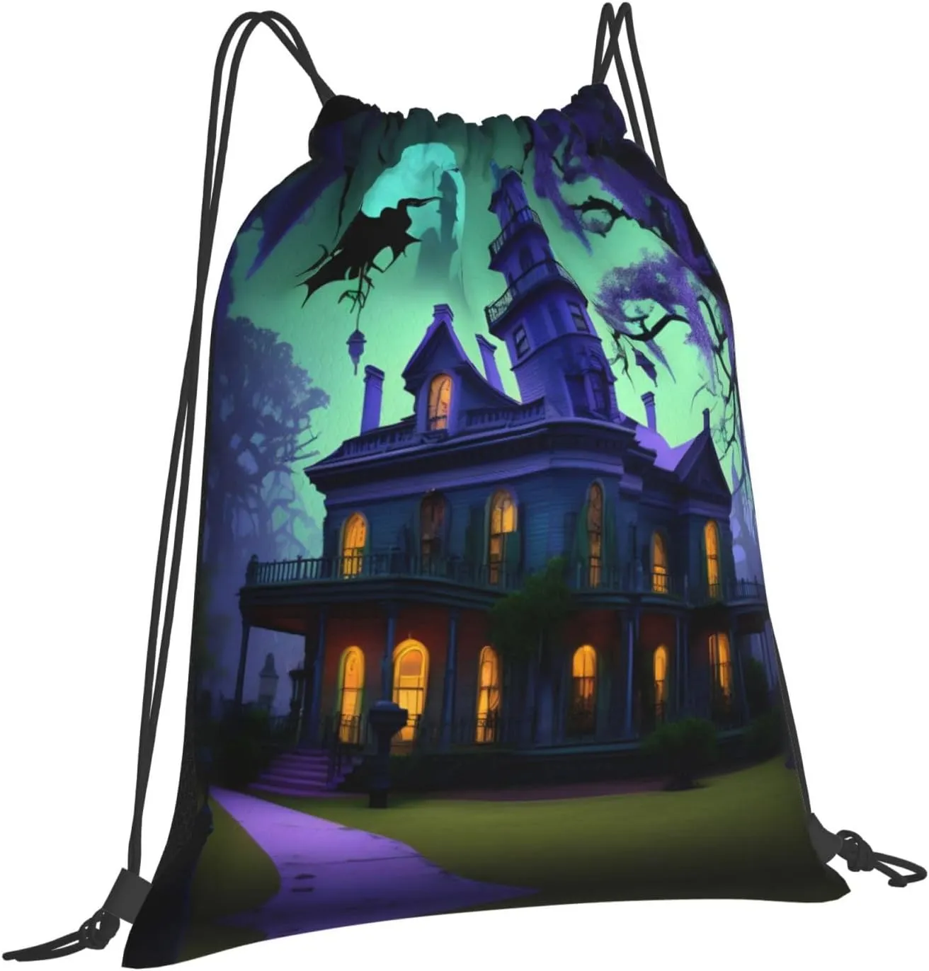 Black Haunted Mansions Print Sports Drawstring Backpack,Water Resistant Bag, Gym Backpack for Women Men