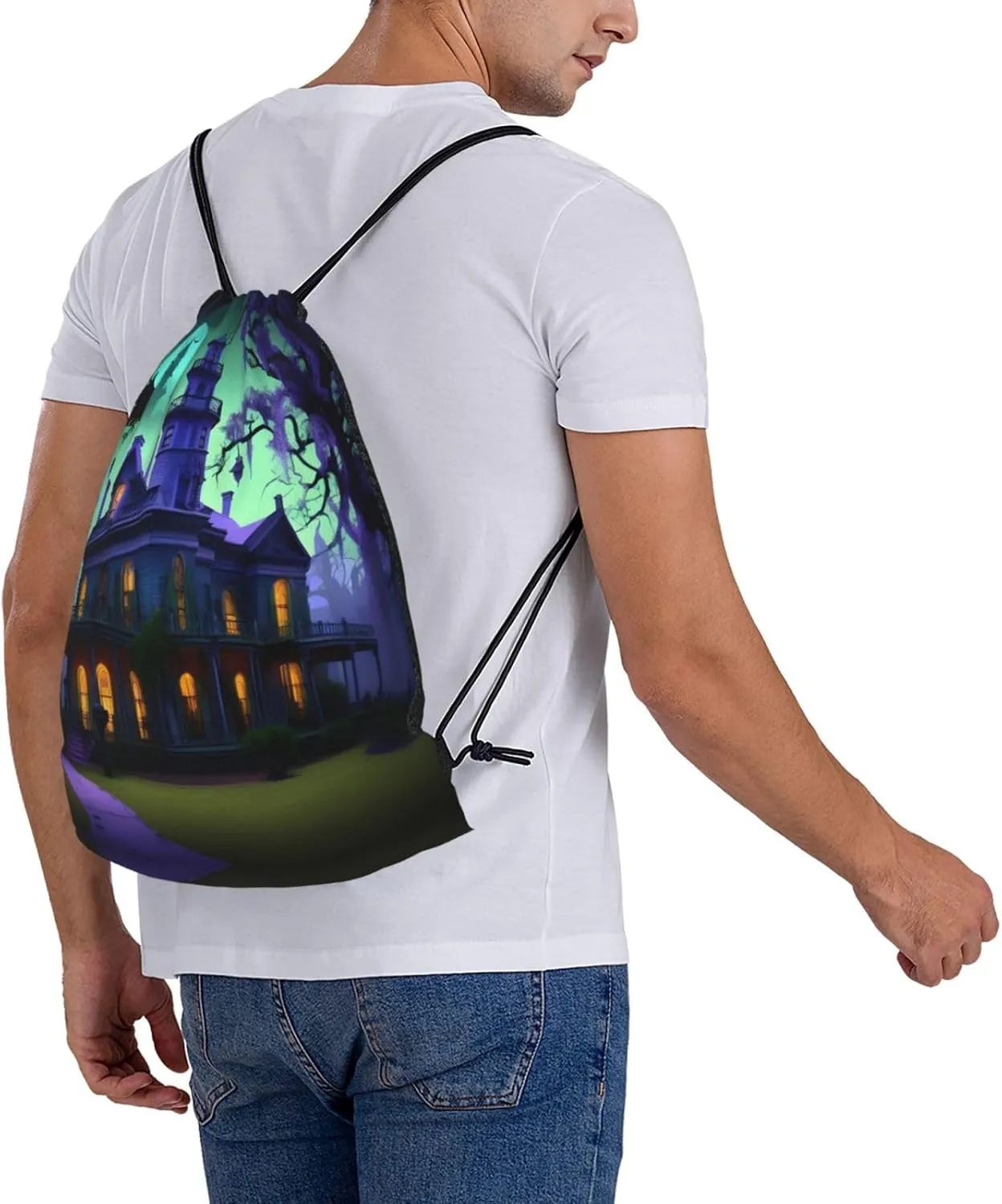 Black Haunted Mansions Print Sports Drawstring Backpack,Water Resistant Bag, Gym Backpack for Women Men