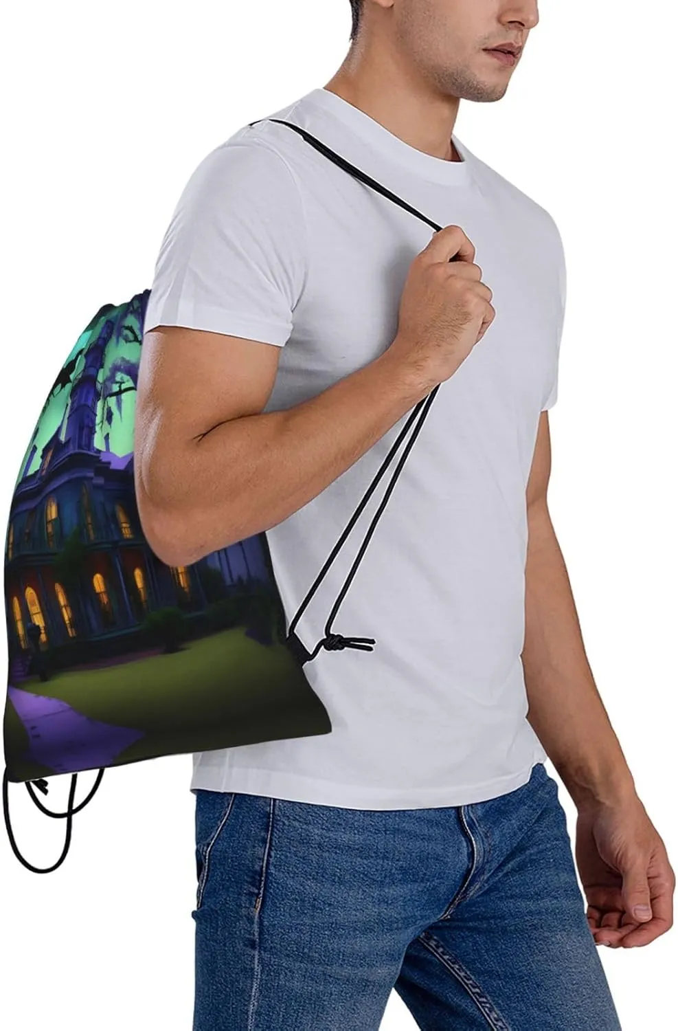 Black Haunted Mansions Print Sports Drawstring Backpack,Water Resistant Bag, Gym Backpack for Women Men